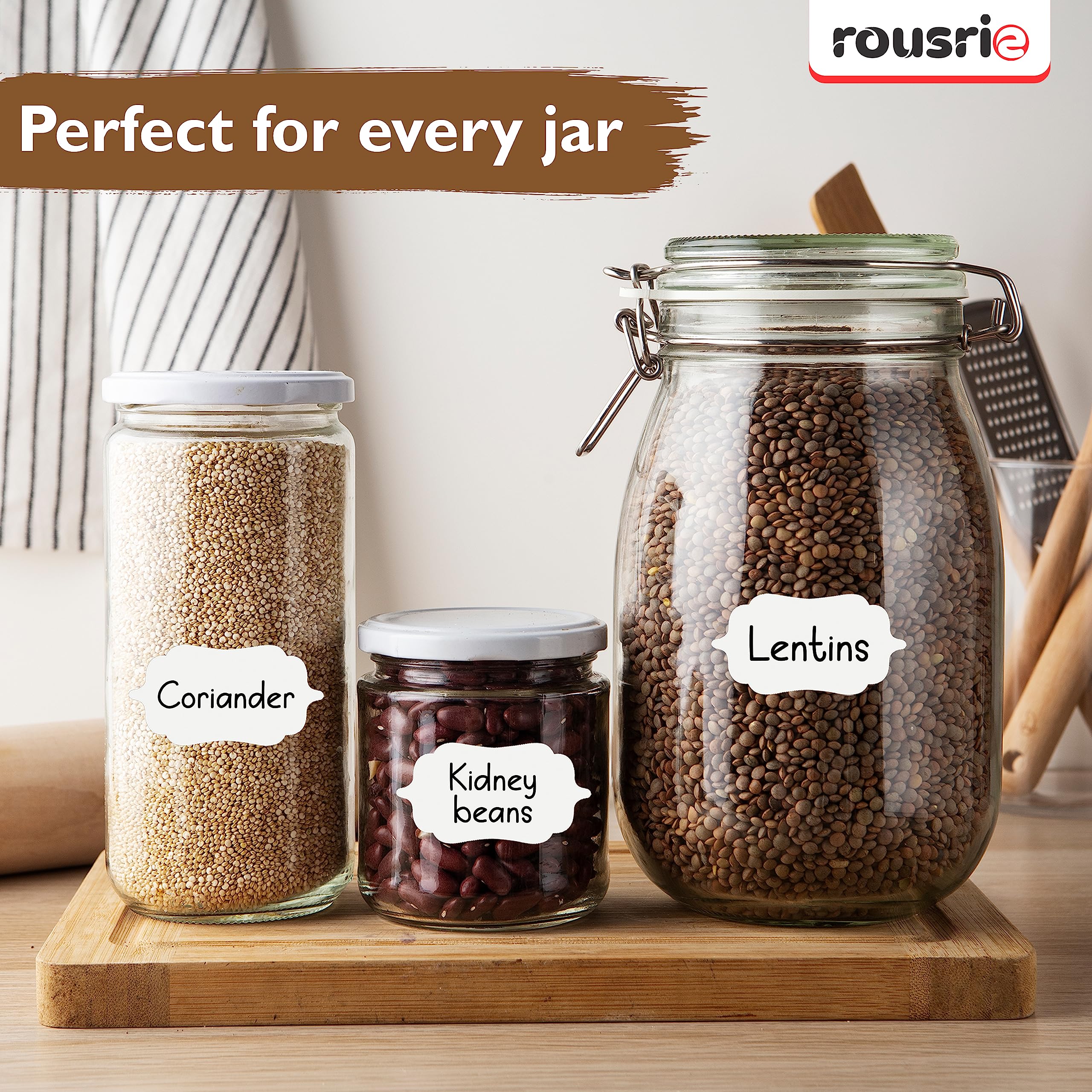 ROUSRIE Pack of 84 Reusable Waterproof White Same Shapes Mason Jars Labels Kitchen Pantry Spice Jars Glass Bottles – Best Stickers & Organizing Label with Black Marker