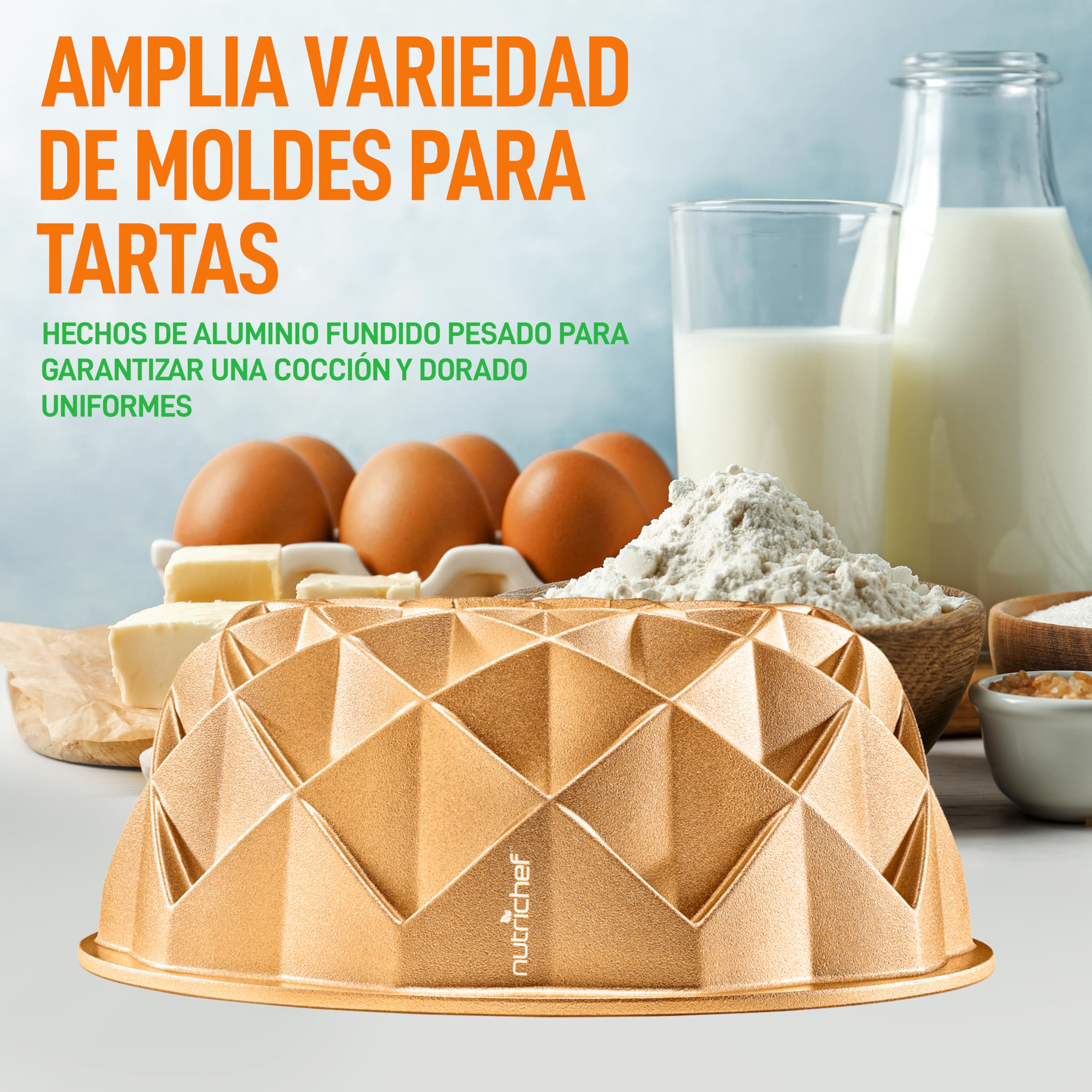 NutriChef molde bundt redondo antiadherente, Aluminio fundido, 23 cms, Diseño aro francés, Bandeja para horno, Bizcochos y tartas, Repostería casera, Cocción uniforme, Fácil de limpiar