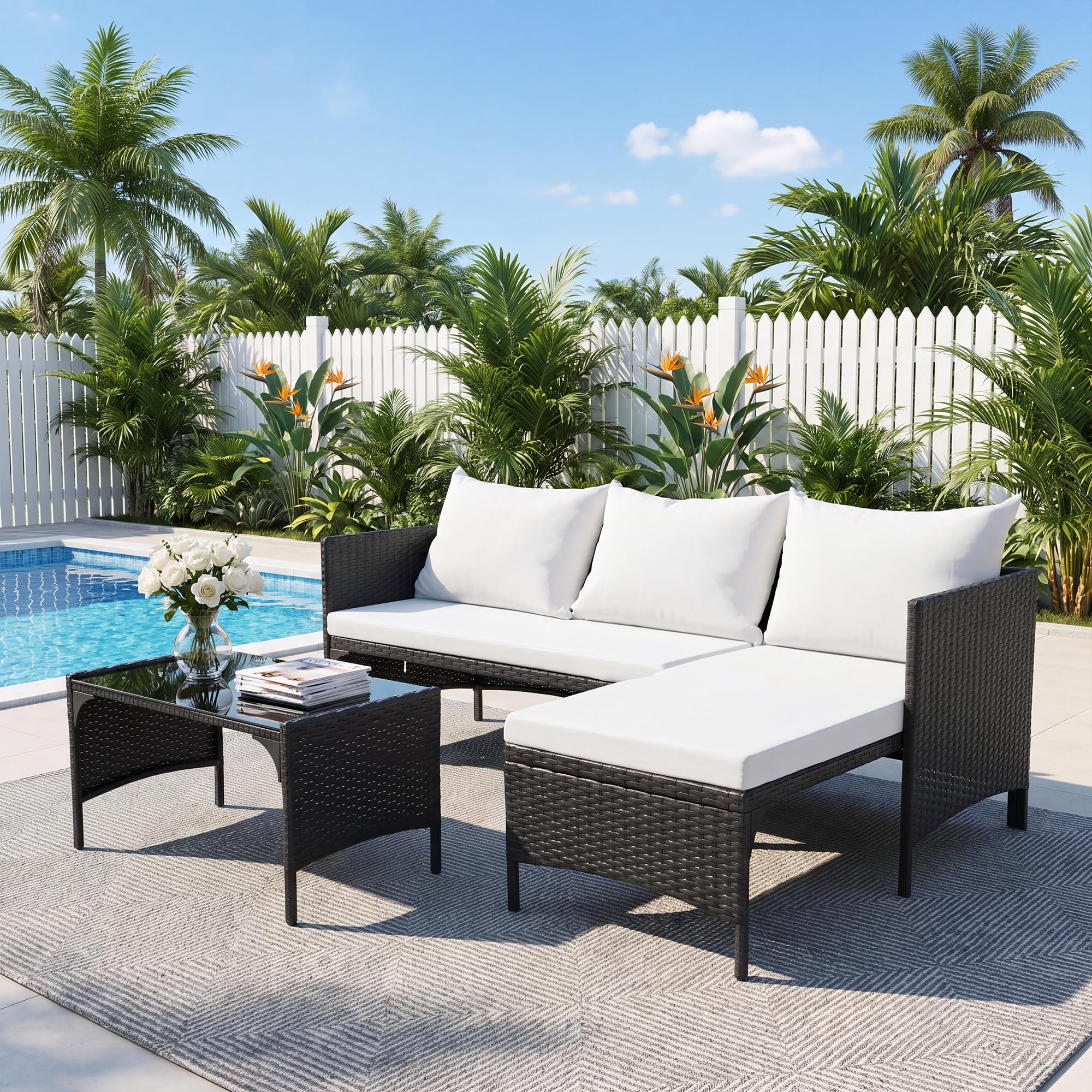 AYAYM 3 Piece Rattan Garden Furniture Set L-Shaped Corner Sofa Black