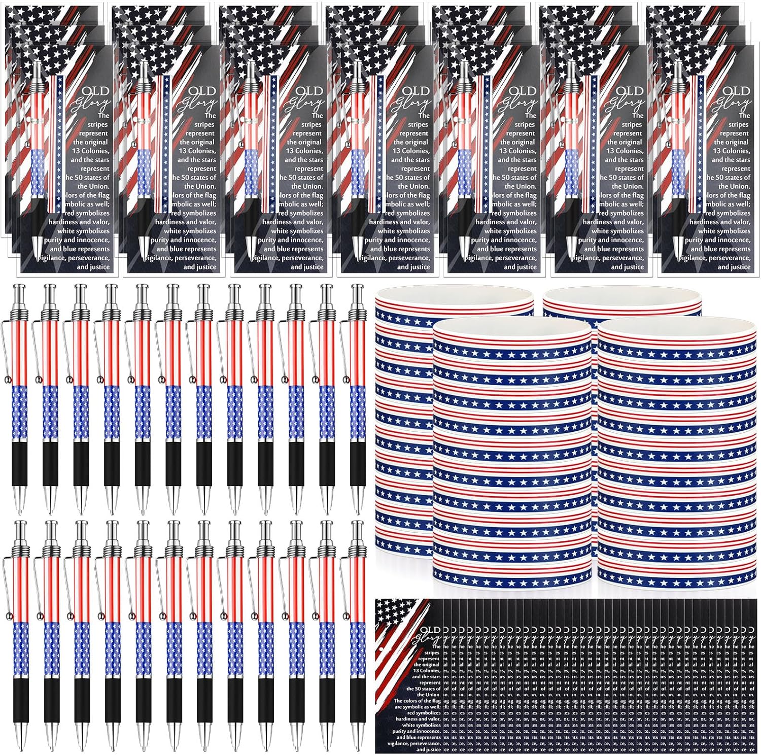Sayglossy 60 Sets/180 Pcs Veterans Day Gifts American Flag Ballpoint Pens Red White Blue Patriotic Stars Stripes Stationery Gift Silicone Wristband Bookmarks for Patriot Memorial Heroes Supplies