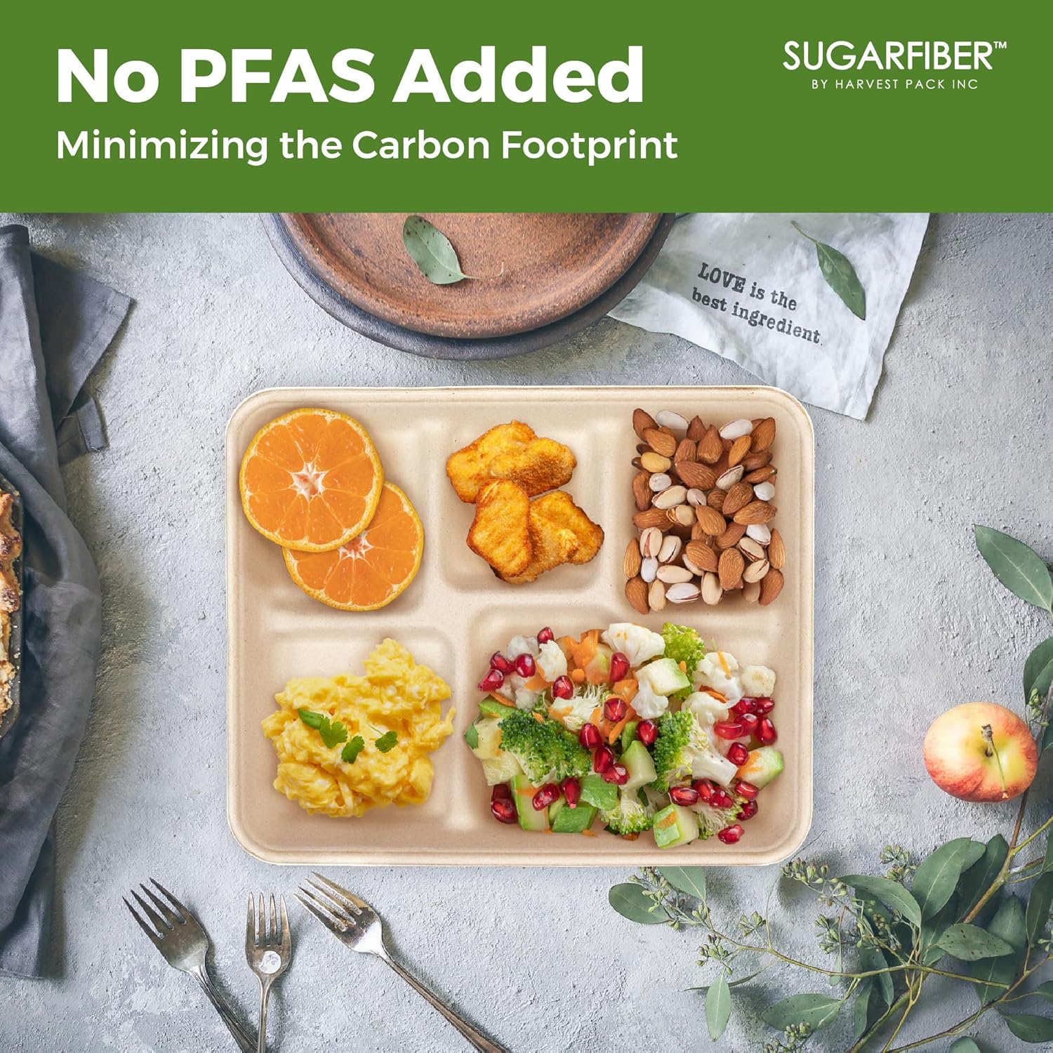 [400 Count]Sugarfiber 10" x 8" Compostable Shallow 5 Compartment Paper Plates School Lunch Tray, Bagasse Disposable Divided Sectional Platter Serving Trays for Lunch, Eco-Friendly No PFAS Added