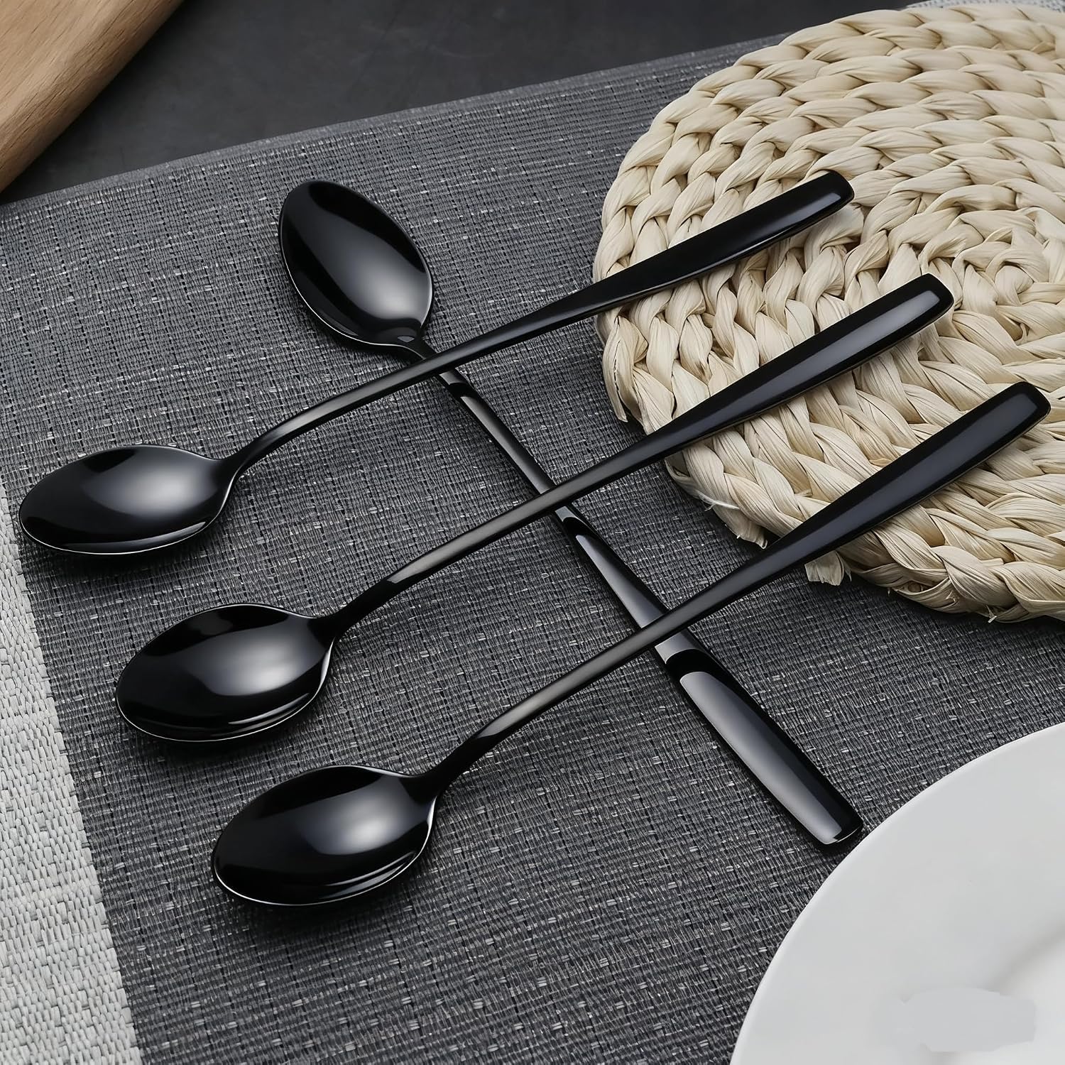 7.4-Inch Long Handle Iced Tea Spoon, Coffee Spoon, Ice Cream Spoons, Milkshake Dessert Spoons, Stainless Steel Cocktail Stirring Spoons for Bar, Black, Set of 12