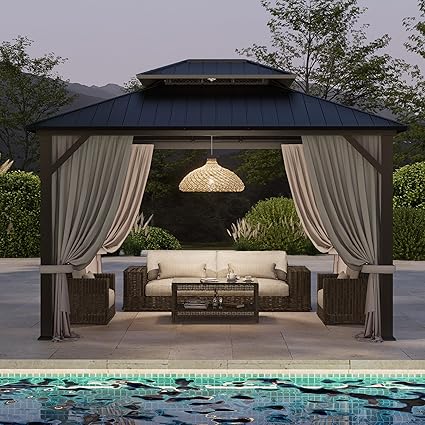 10'x12' Hardtop Gazebo, Double-Layer Galvanized Steel Roof Gazebo, All-Season Aluminum Frame Pavilion with Privacy Curtains and Netting for Patio, Garden, Hot Tub & Backyard