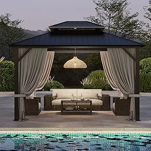 10'x12' Hardtop Gazebo, Double-Layer Galvanized Steel Roof Gazebo, All-Season Aluminum Frame Pavilion with Privacy Curtains and Netting for Patio, Garden, Hot Tub & Backyard