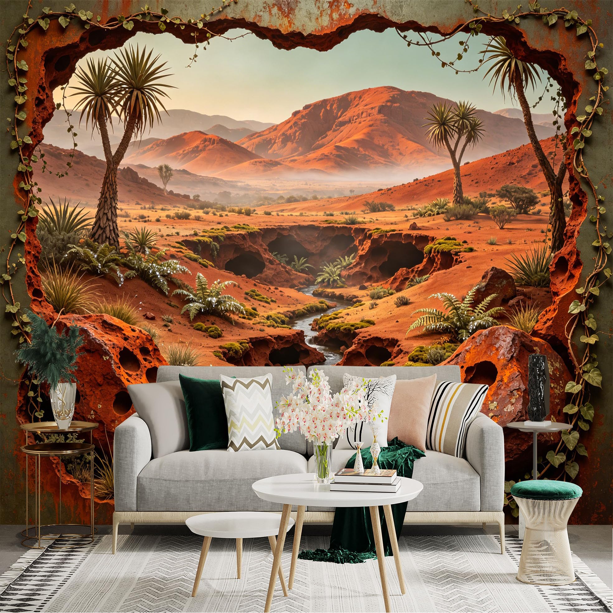 Custom Size Wall Sticker Mural， Desert Canyon with Red Rocks， Stream and Palm Trees， for wall Decoration， peelandstick wall Decals.