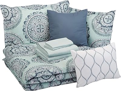 Amazon Basics 10-Piece Bed-in-a-Bag Comforter Set, Soft, Lightweight Microfiber, Full/Queen, Sea Foam Medallion