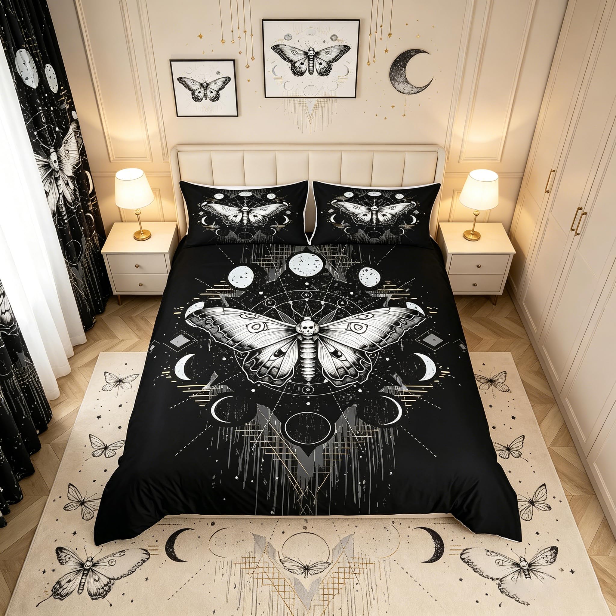 Parure de lit tête de mort noir et blanc Manfei avec housse de couette et 2 taies pour ado
