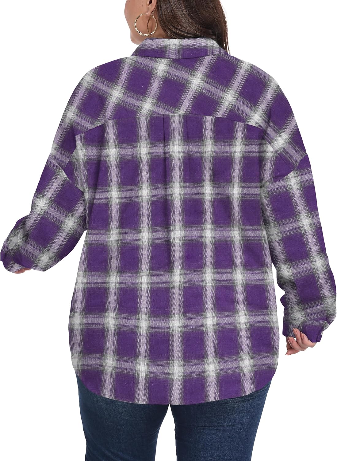 OLRIK Womens Plus Size Plaid Shirts Lightweight Flannel Long Sleeve Collared Button Down Blouse Oversized Shacket Coat - Image 3