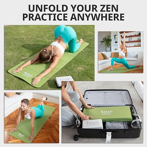 Miniatura 5 de Tapete de yoga plegable + bolsa de transporte + 2 bloques de yoga, tapete de entrenamiento de 7 pliegues de 0.236 in, fácil de almacenar,