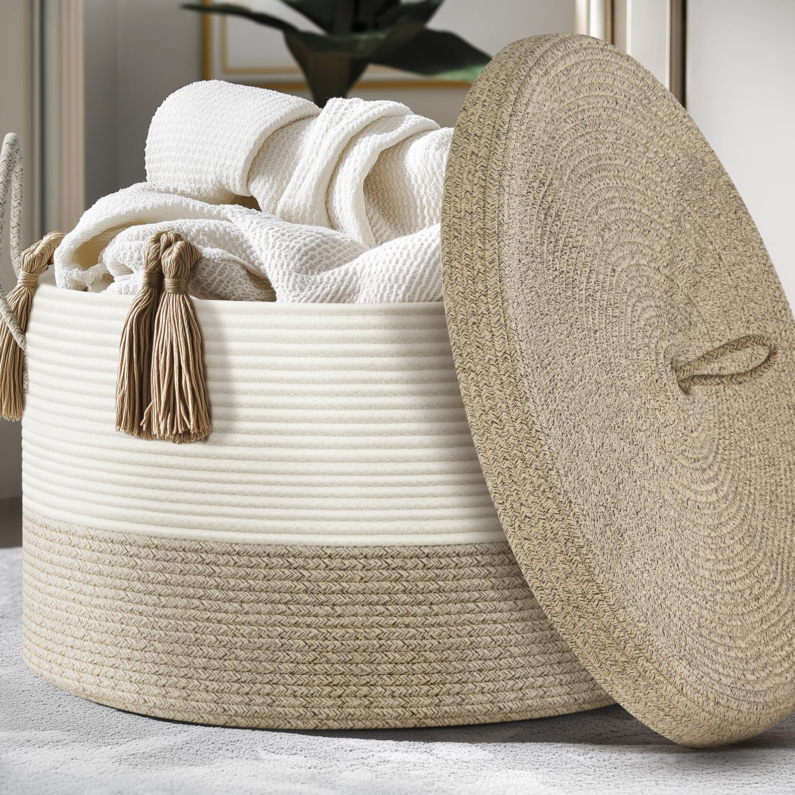 Amazon.com: Noonkty Blanket Basket with Lid, Rope Baskets for Storage ...