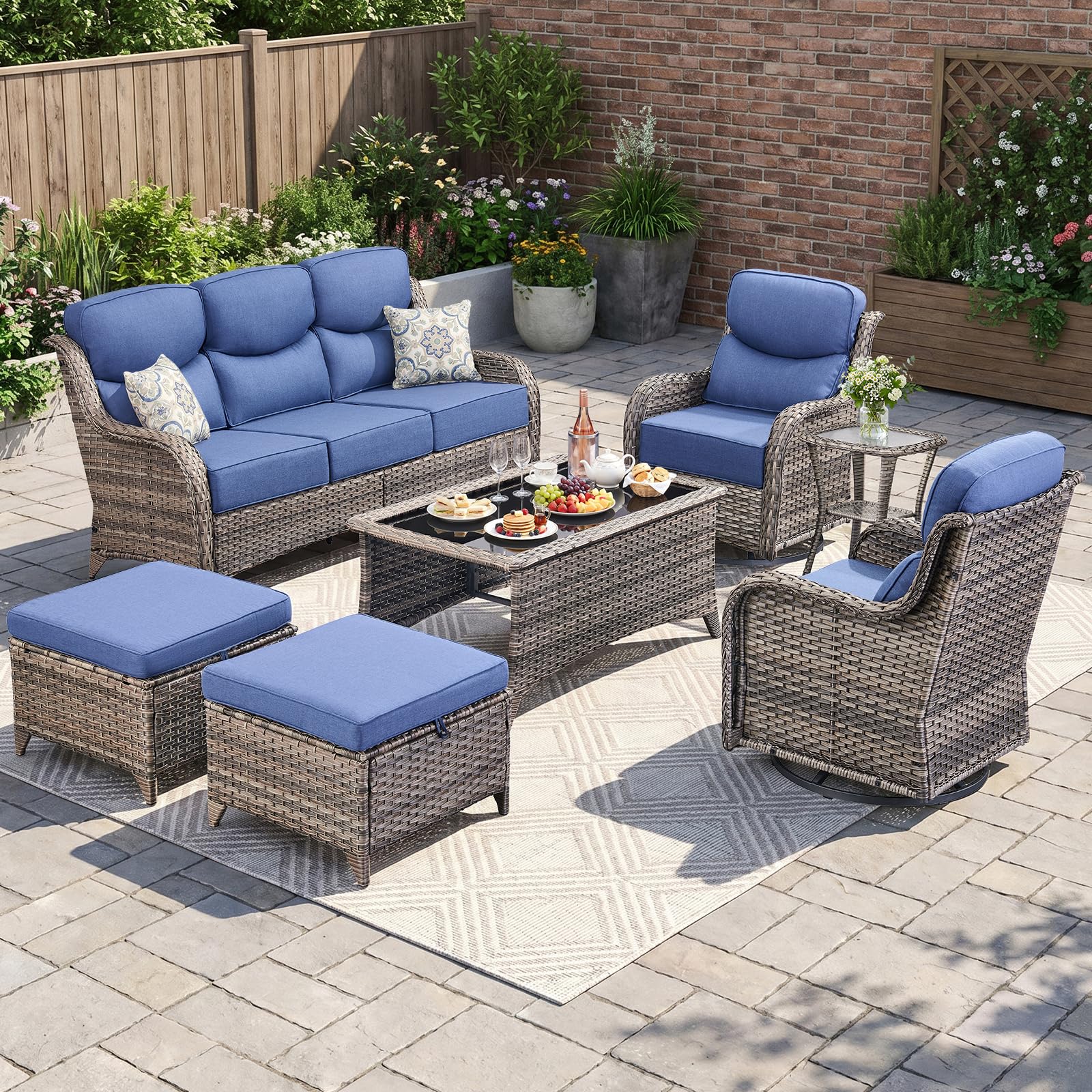 Swivel Patio Chairs sofa Set of 7 - 6" Thick Cushion - Wicker Outdoor Swivel Rocker Patio Chair ,Sofa/Glass coffee table, High Back Comfortable Outdoor Glider Chairs - Grey Wicker | Blue Cushions