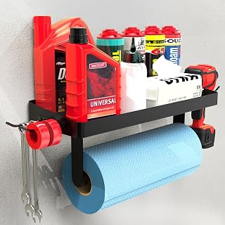 YIGII Garage Paper Towel Holder with Shelf - Wall Mount Paper Towel Holder with 4 Hooks, Single-Hand Tear Paper Towel Rack Heavy Duty Tissue Holder for Clean Station, Craft Room, Workbench (Black)
