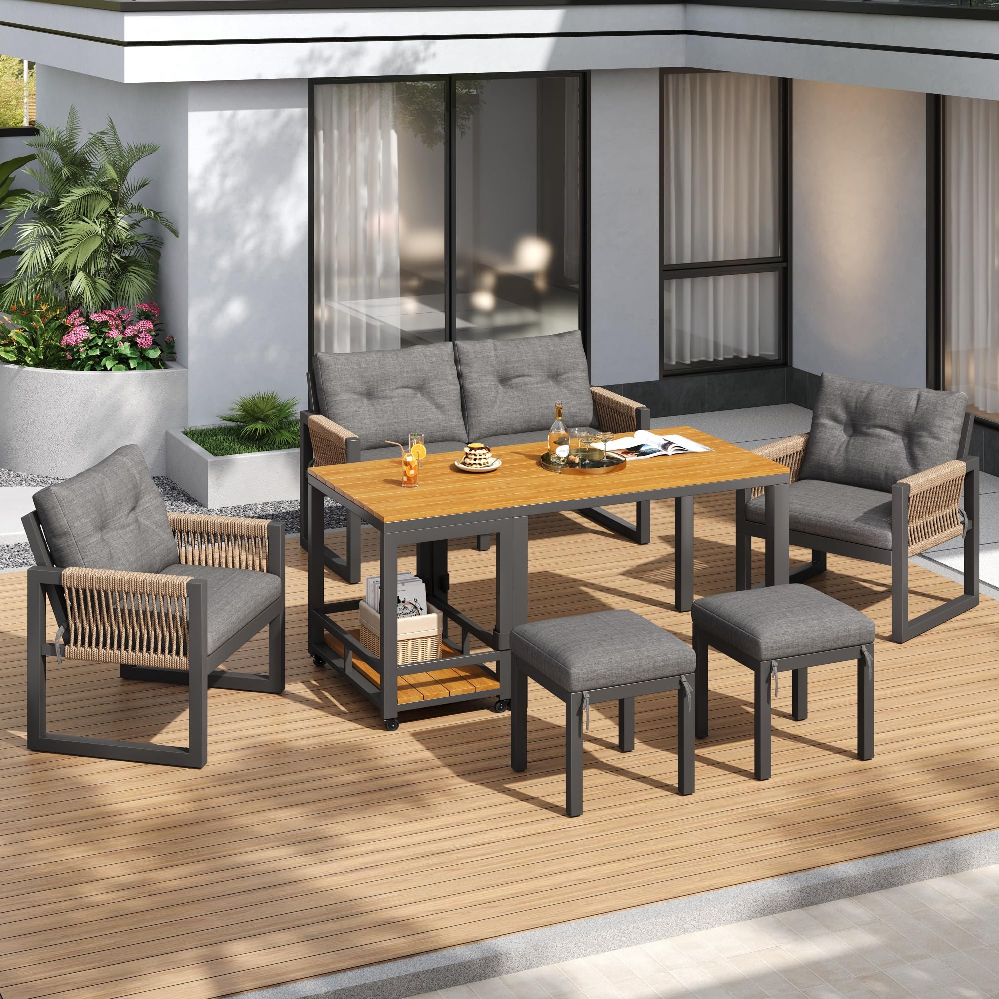 Gartenmöbel Sitzgruppe für 6 Personen, Outdoor Möbel 6-teilig mit Sofa und Couchtisch, Gartenmöbel Set mit Sitzkissen und Kissen, Balkonmöbel Essgruppe für Garten Balkon Terrasse, Grau+Natur