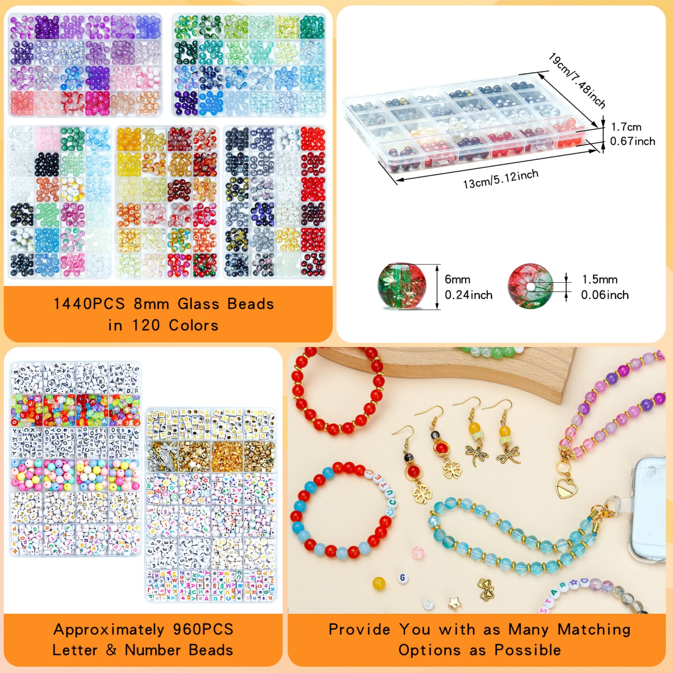 Perline in vetro da 8 mm, 120 colori, per la creazione di gioielli, kit per la creazione di braccialetti da 2574 pezzi