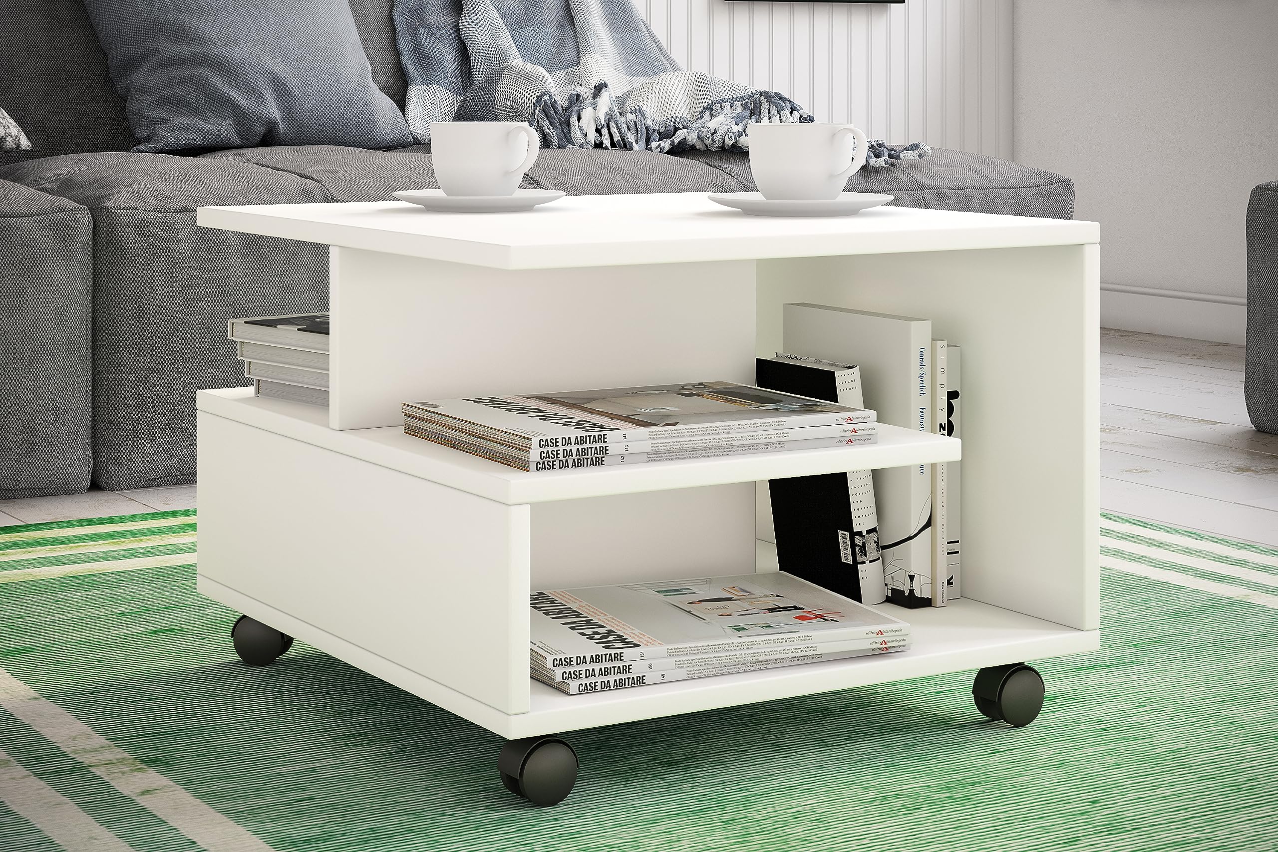 VCM Holz Couchtisch Sofatisch Wohnzimmertisch Rollen rollbar Kaffeetisch Stango S Weiß