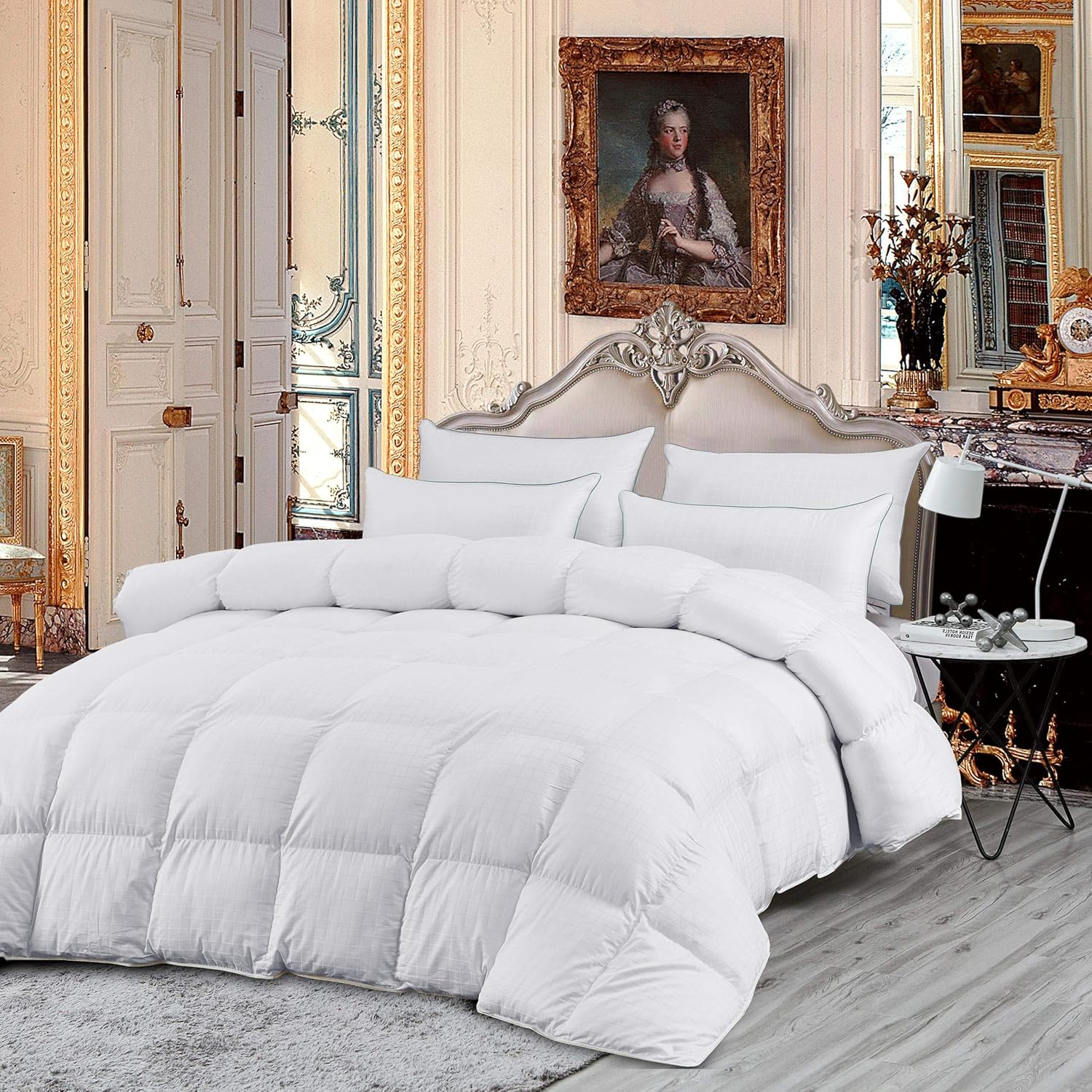 Luxurious All-Season King/California King Goose Down Comforter Duvet Insert, Exquisite Dobby Checkered Design, 300 Thread Count 100% Egyptian Cotton, 65 oz Fill Weight, Baffle Box, White