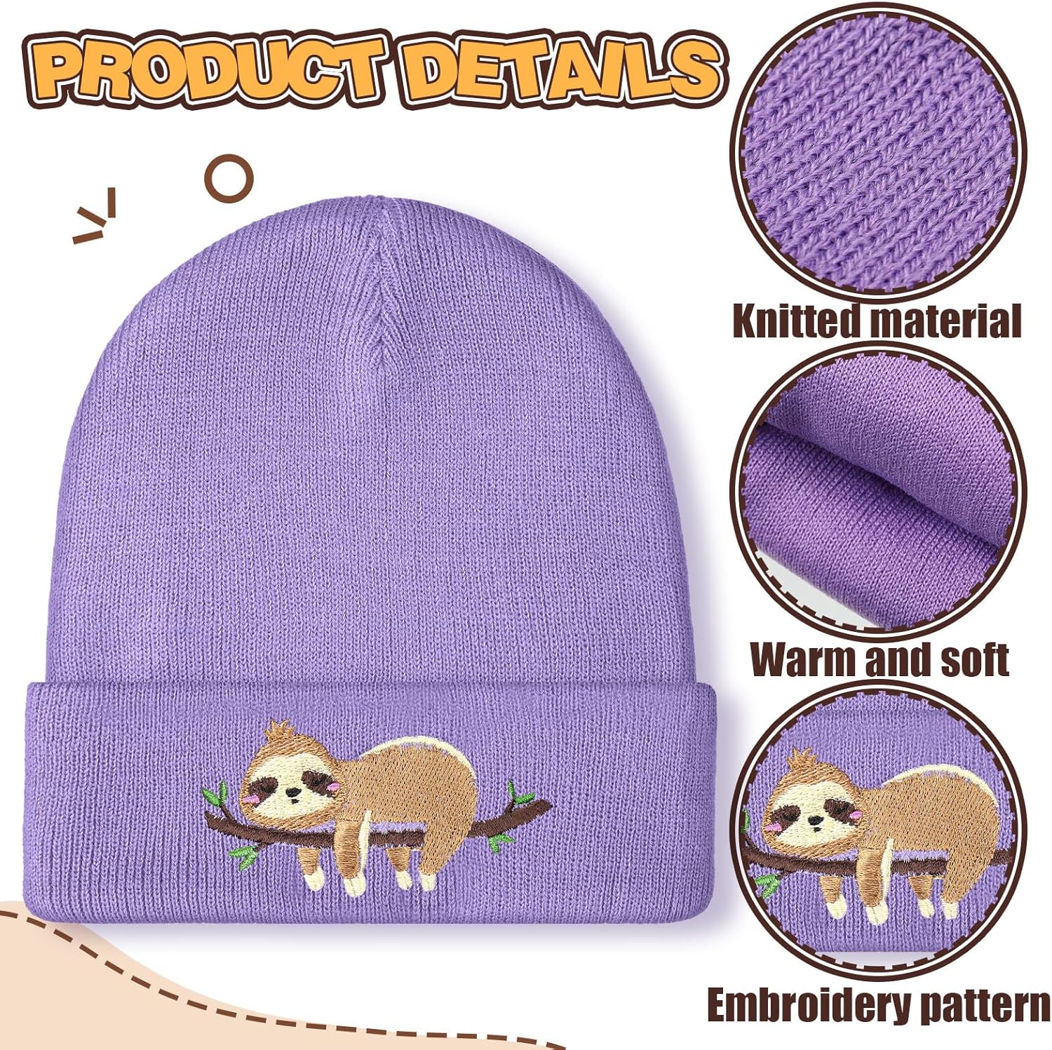 Hicarer Sloth Beanie Winter Purple Hat for Women Cute Sloth Knitted Cap Winter Crochet Hat Gifts for Women Animal Lovers - Image 2