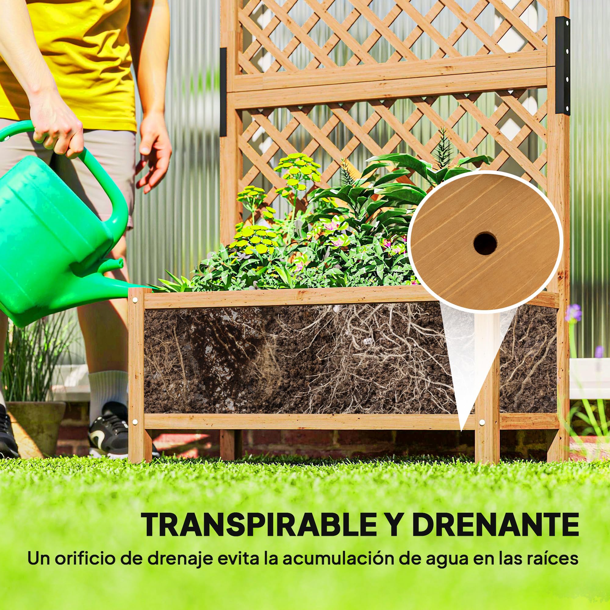 Outsunny Arriate de Jardín con Enrejado Jardinera con Celosía Macetero con Soporte para Trepadora Cultivos Plantas Flores para Exterior Patio Terraza Balcón 90x45x180 cm Natural