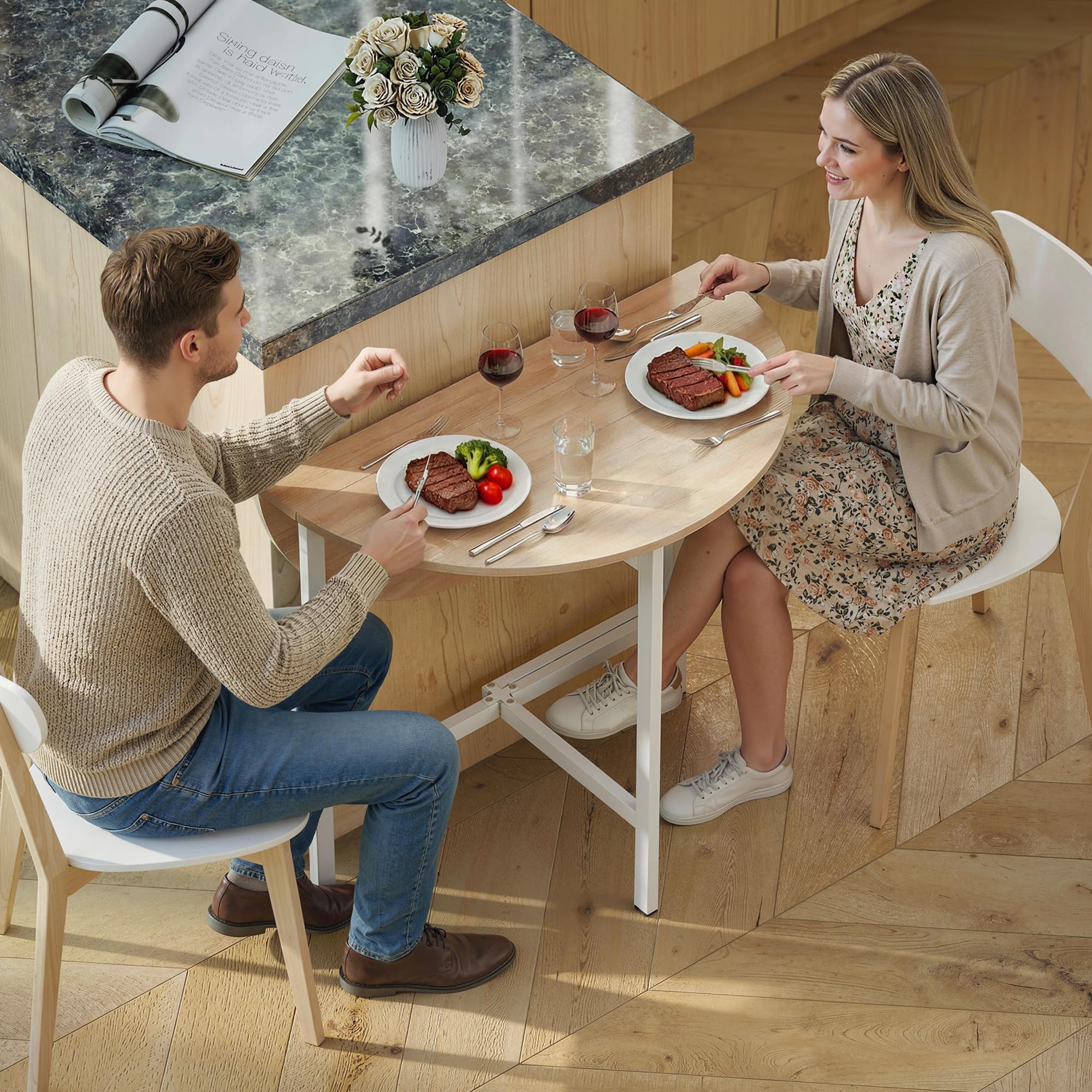 HOMCOM Esstisch Klappbarer Küchentisch für 2-4 Personen, Runder Esszimmertisch mit Stahleinen Klapptisch für Kleine Räume, Esszimmer, Küche, 80 x 80 x 76 cm, Naturholz