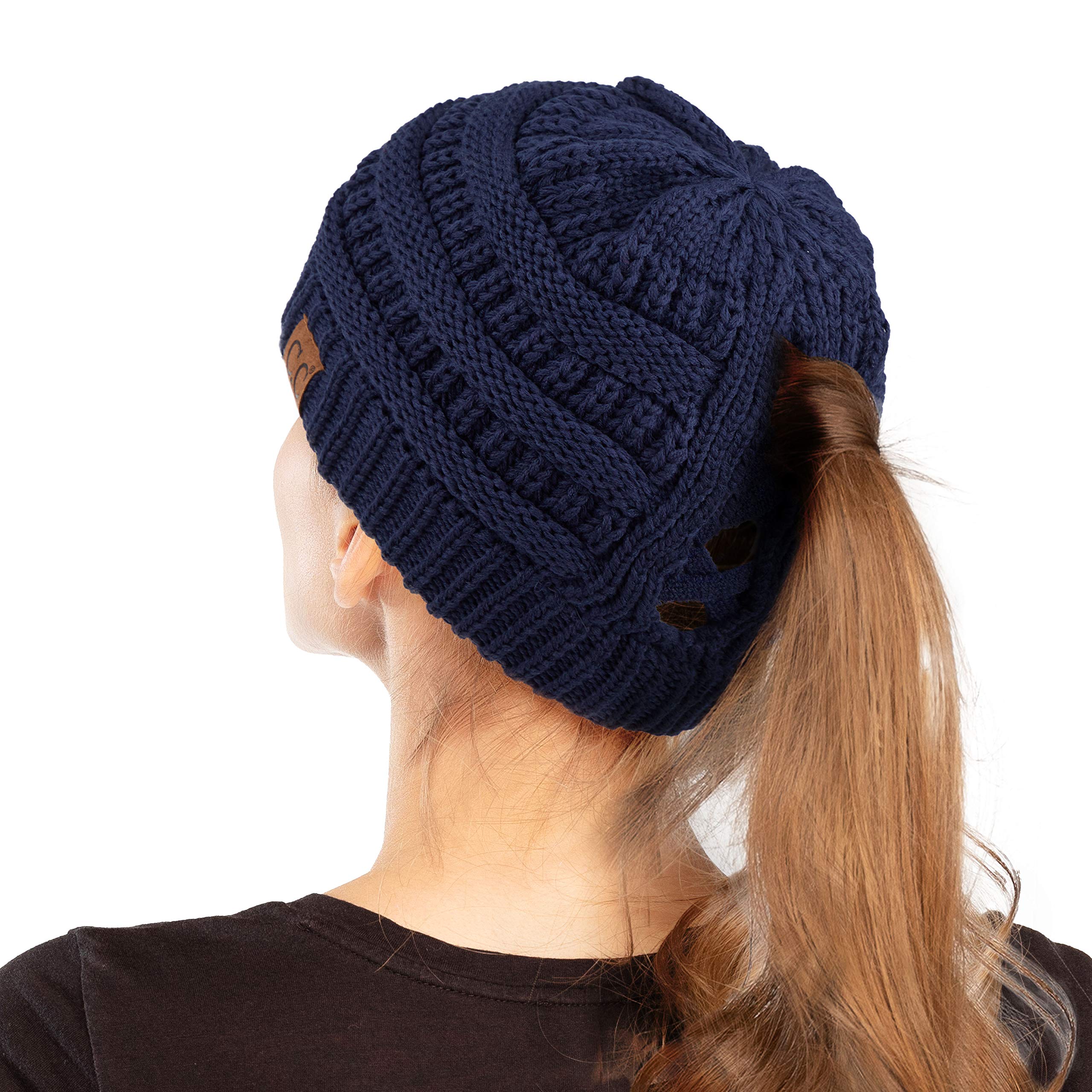 C.CExclusives Soft Stretch Cable Knit Messy Bun Ponytail Beanie Winter Hat for Women (MB-20A)