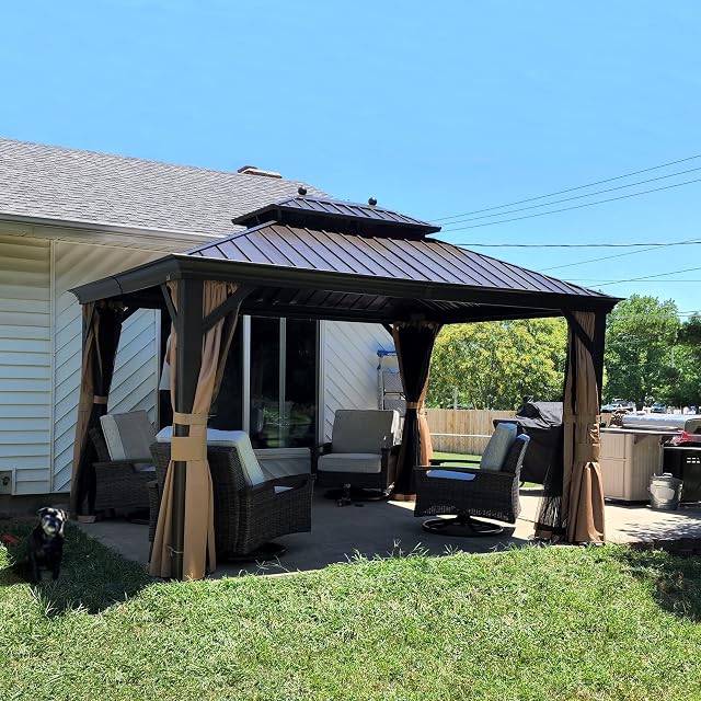 PURPLE LEAF 10' x 14' Hardtop Gazebo with Curtains and Netting for Hot Tub Heavy Duty Deck Beach Pool Backyard Outdoor Canopy Tent Sun Shade Metal Roof Patio Permanent Pavilion