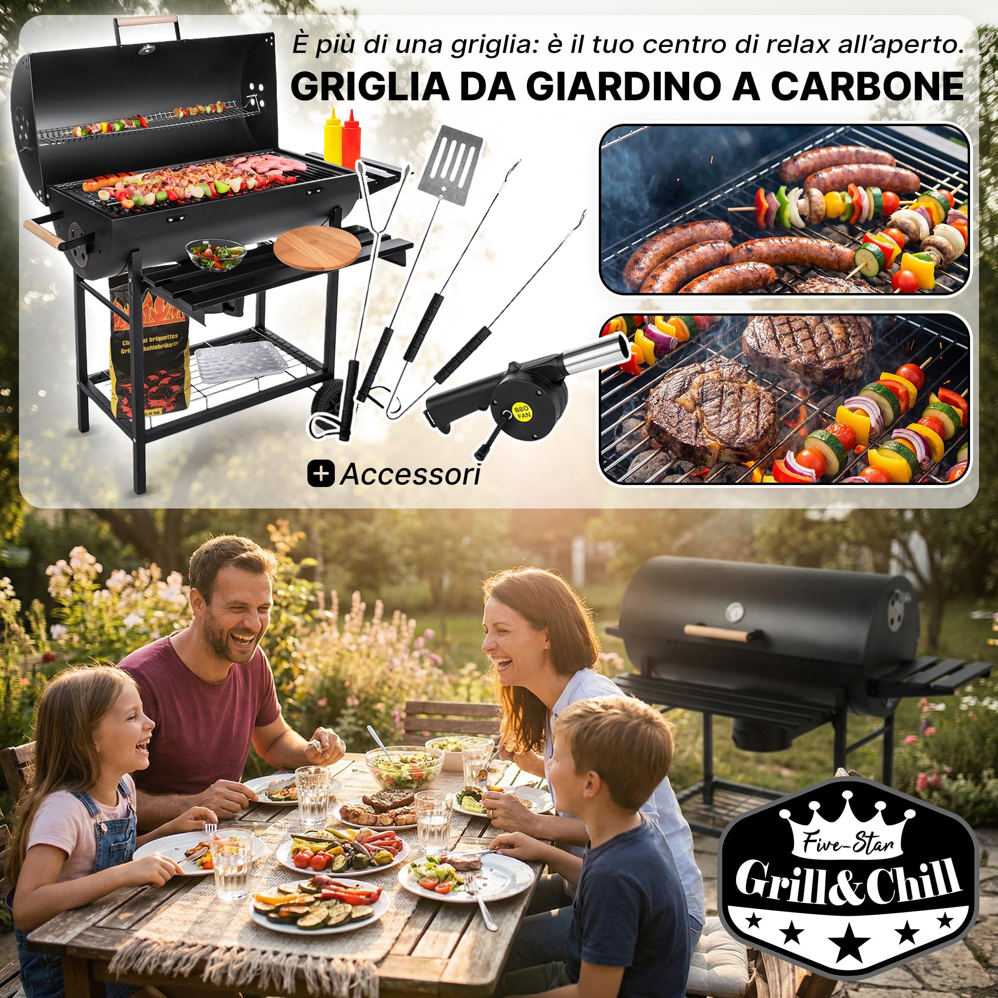 Grill & Chill Barbecue a Carbone 71×35 cm Coperchio con Termometro Acciaio Nero