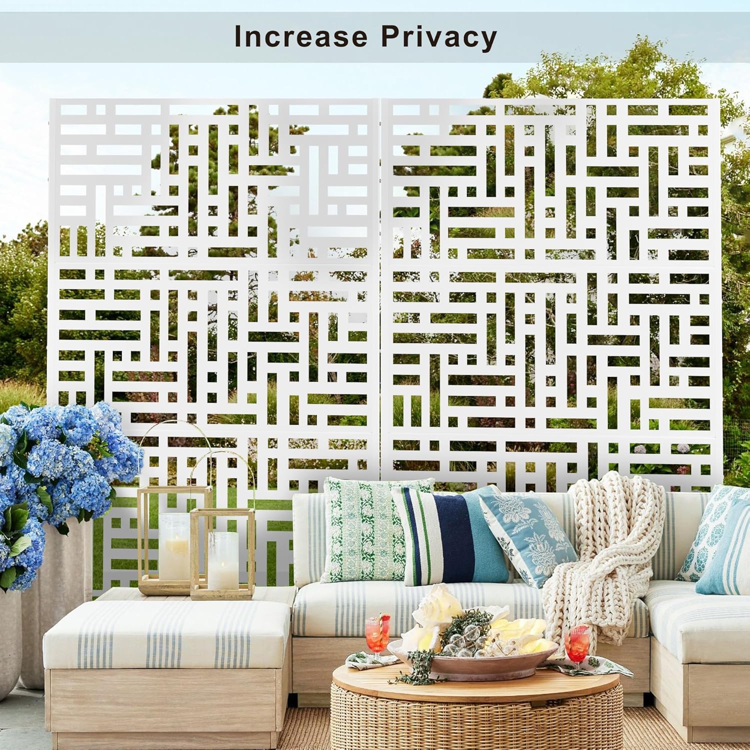 Elevens Metal Privacy Screen Outdoor Patio Screen Panels Freestanding Decorative Screen Set with Stand for Deck Patio Balcony Garden Outdoor&Indoor, White-Block