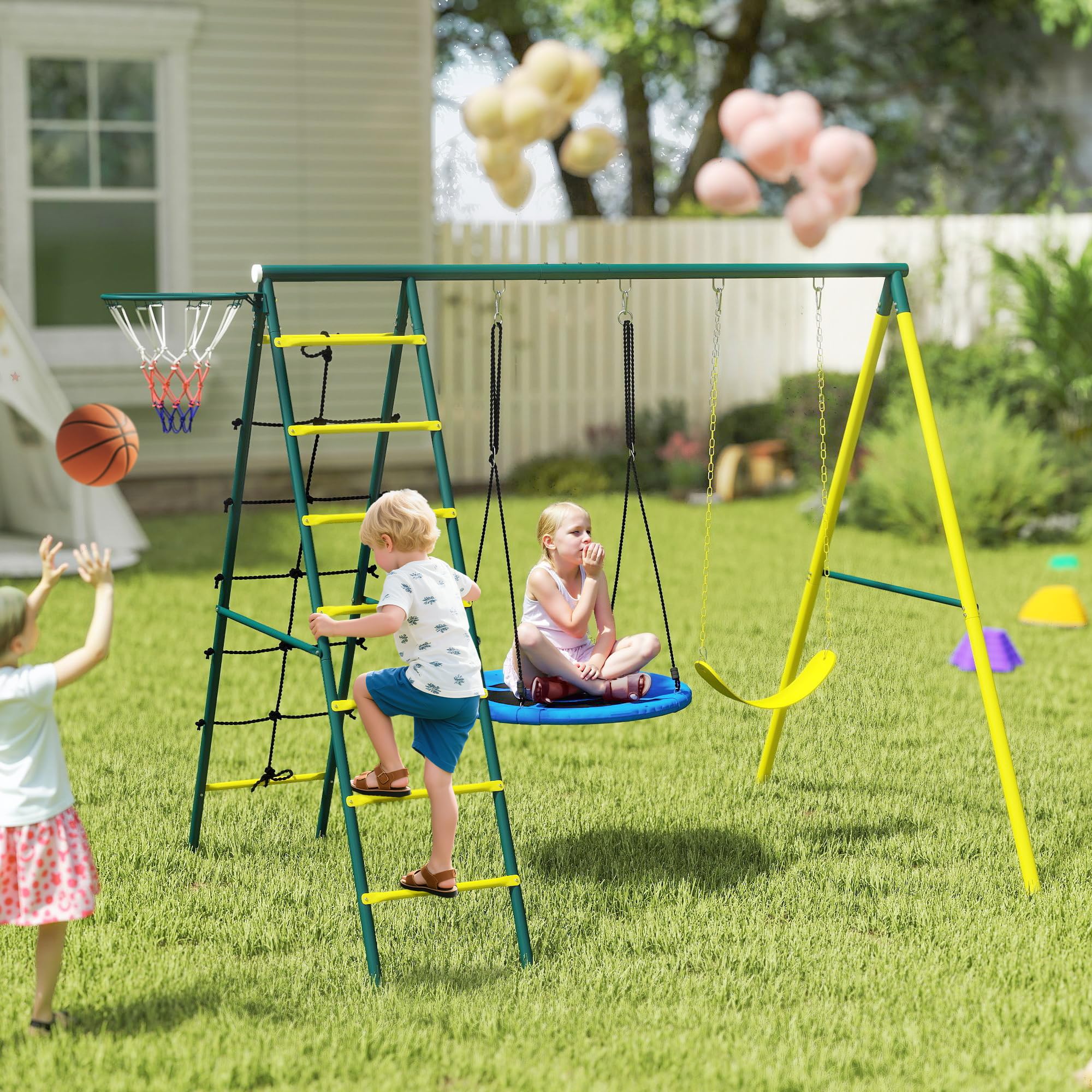 Outsunny Columpio Infantil 4 en 1 Exterior Nido Niños 3 a 8 Años Amarillo | Columpio Individual, Red para Escalar, Canasta de Baloncesto, Escalera, Carga 160 kg, Parque Infantil