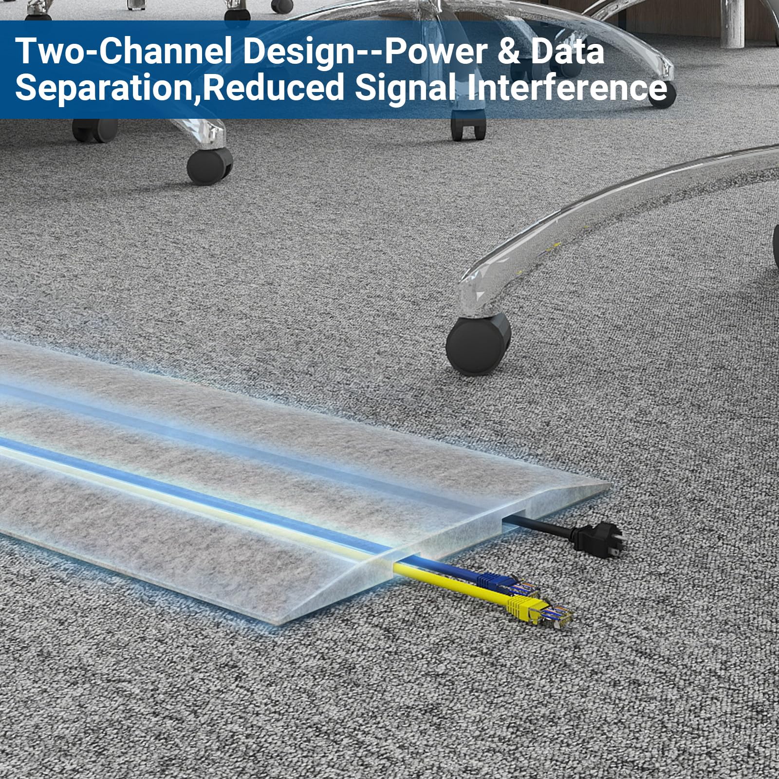 PUNCIA Cubierta de fieltro para cables de suelo con 2 canales, ocultador de cables de perfil bajo para alfombras, tira de gestión de cables de 160 cm con velcro y cinta 3M para oficina, exposición
