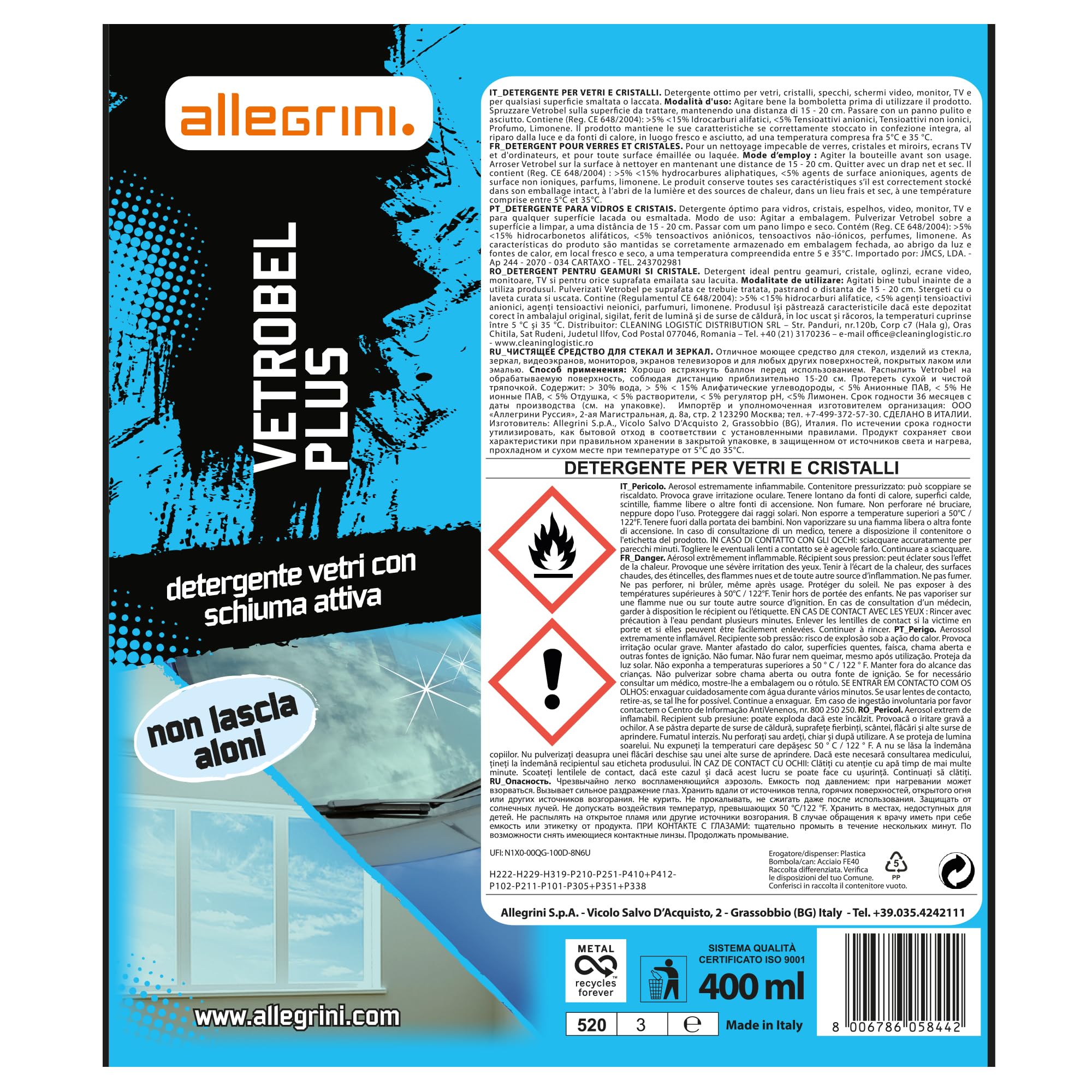 Allegrini Vetrobel Plus Spray Vetri Detergente Multiuso 400 ml