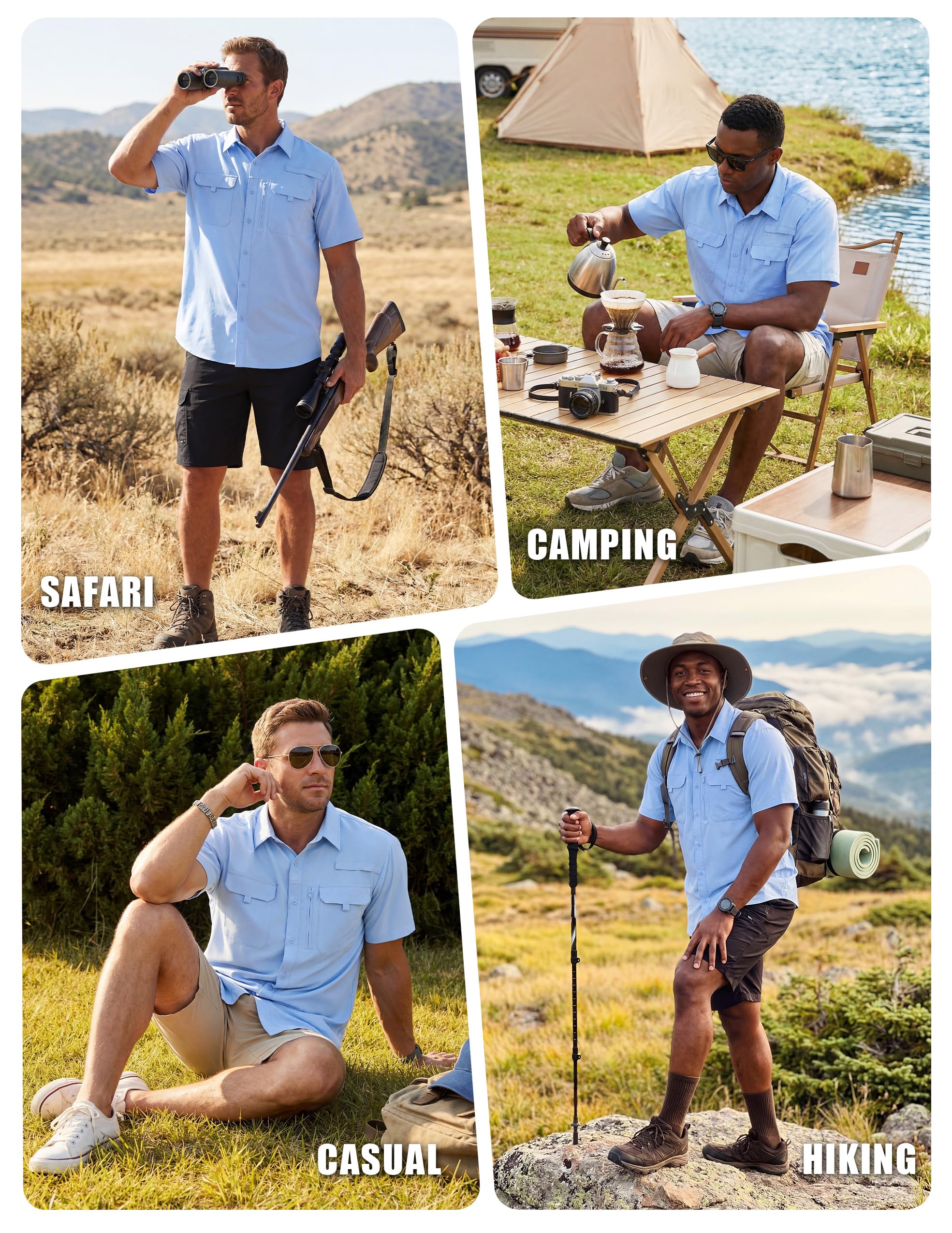 Camicia da uomo a maniche corte con protezione UV UPF 50+, leggera, ad asciugatura rapida, con bottoni, per attività all'aperto, escursionismo, pesca, viaggi, safari