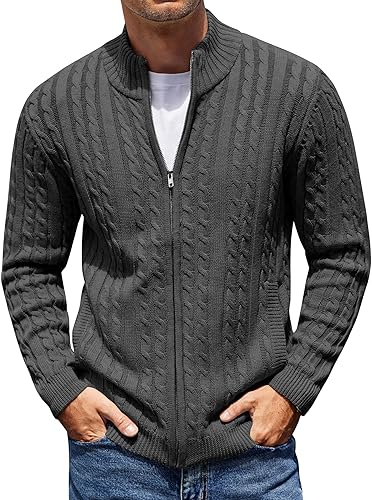 COOFANDY Suéter tipo cárdigan con cremallera completa para hombre, ajustado, tejido de punto trenzado, con bolsillos