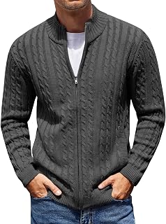 Men's Full Zip Cardigan Sweater Slim Fit Cable Knitted Zip Up Sweater with Pockets