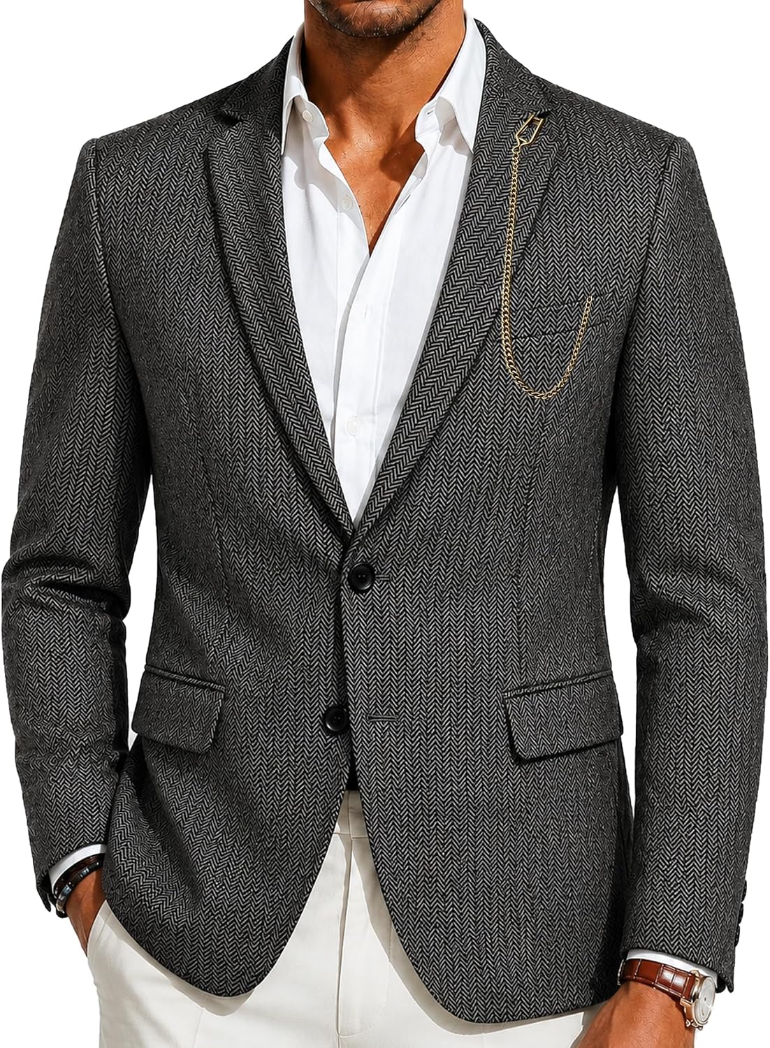 Barry.Wang Mens Herringbone Tweed Blazer Vintage Wool Blend Two Button Sport Coat Pocket Chain Wedding Casual Suit