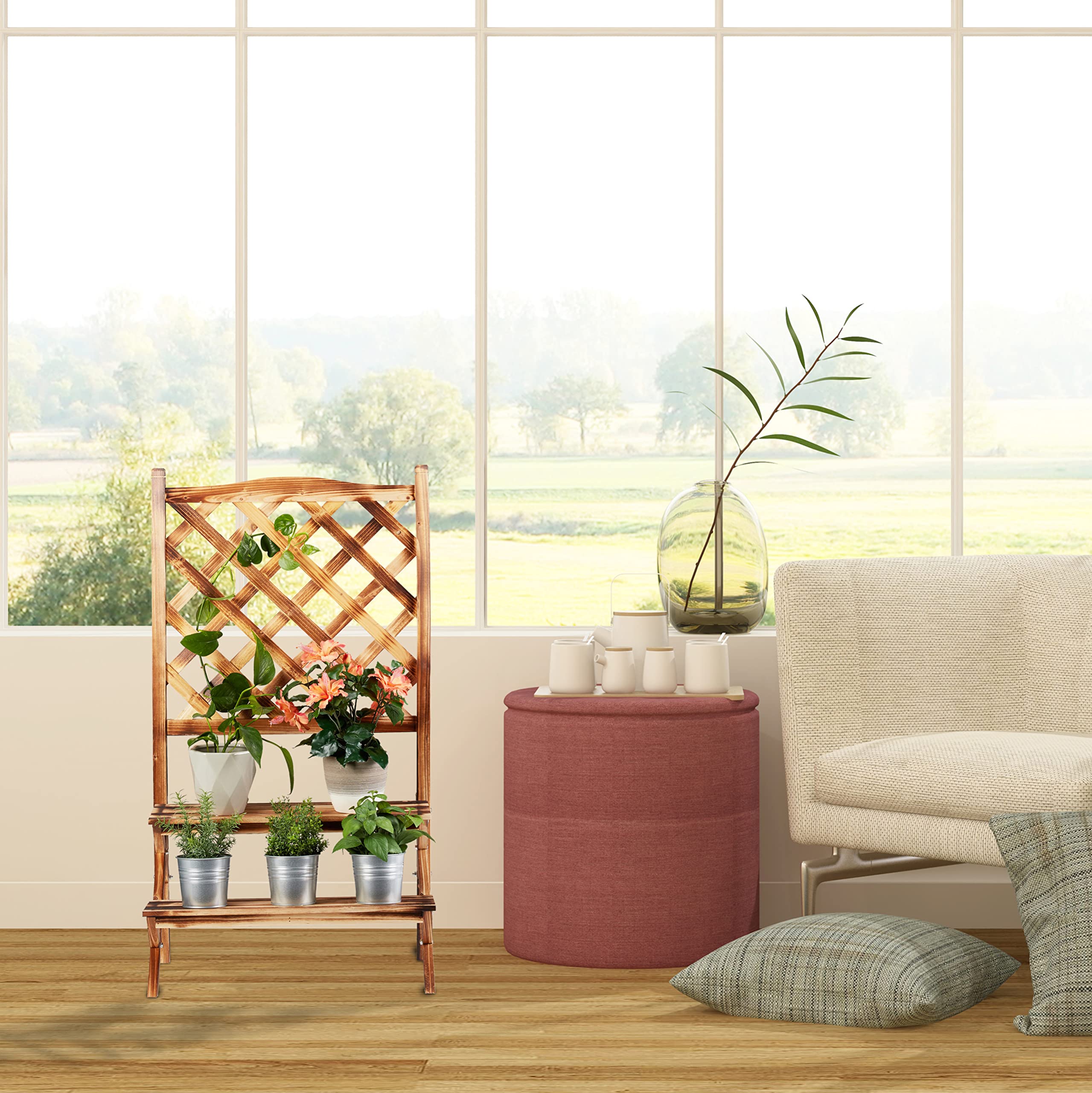 Relaxdays Fioriera a Scala con Spalliera, Portapiante, 2 Ripiani, Legno, HLP 109x61x40 cm, Effetto Bruciato