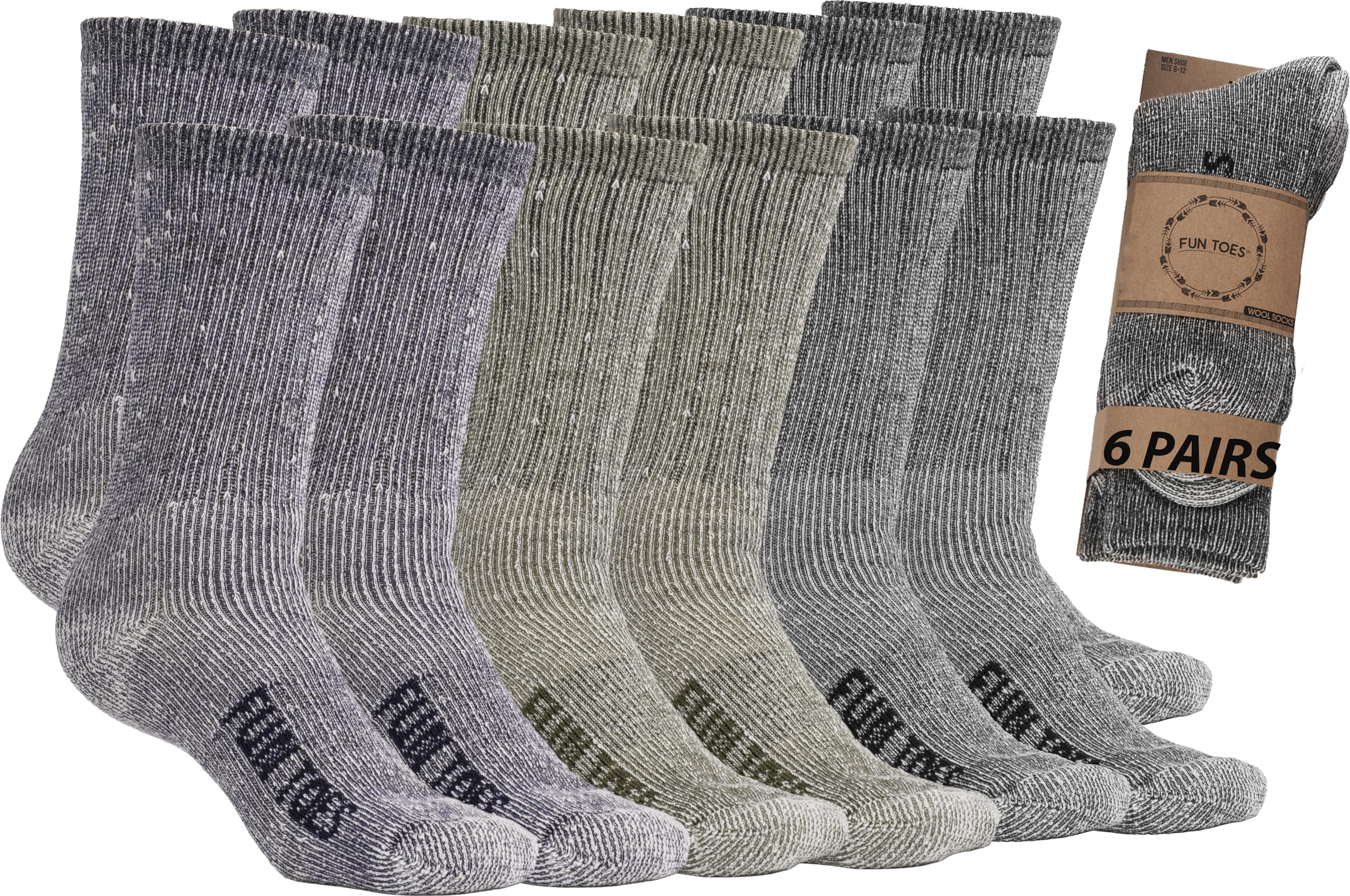 Men's Hiking Crew Merino Wool Socks 6 Pairs Lightweight, Reinforced Size 8-12