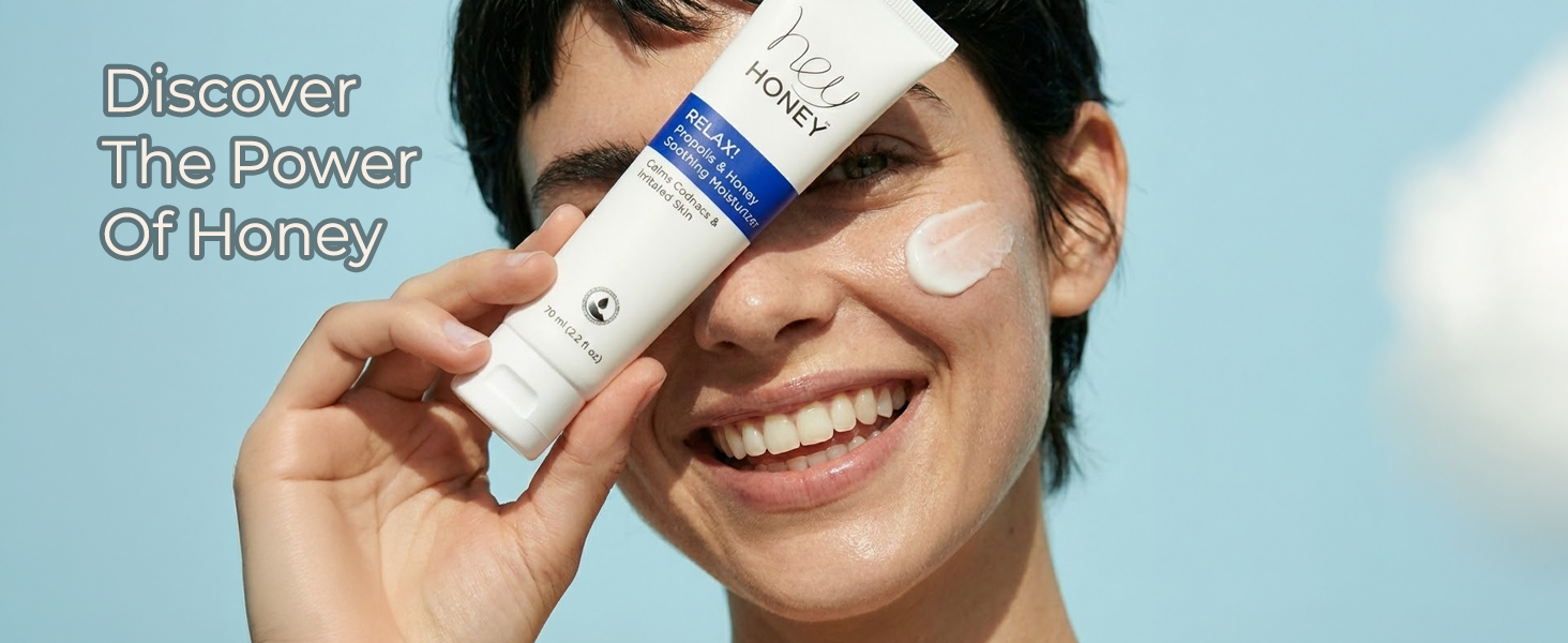 Hey Honey Skincare Relax - Instant Rosacea Relief Cream for Sensitive Skin | Calming Face Moisturizer for Facial Redness & Irritation | Dermatologist Tested, Oil-Free with Honey & Propolis | 2.2 Oz