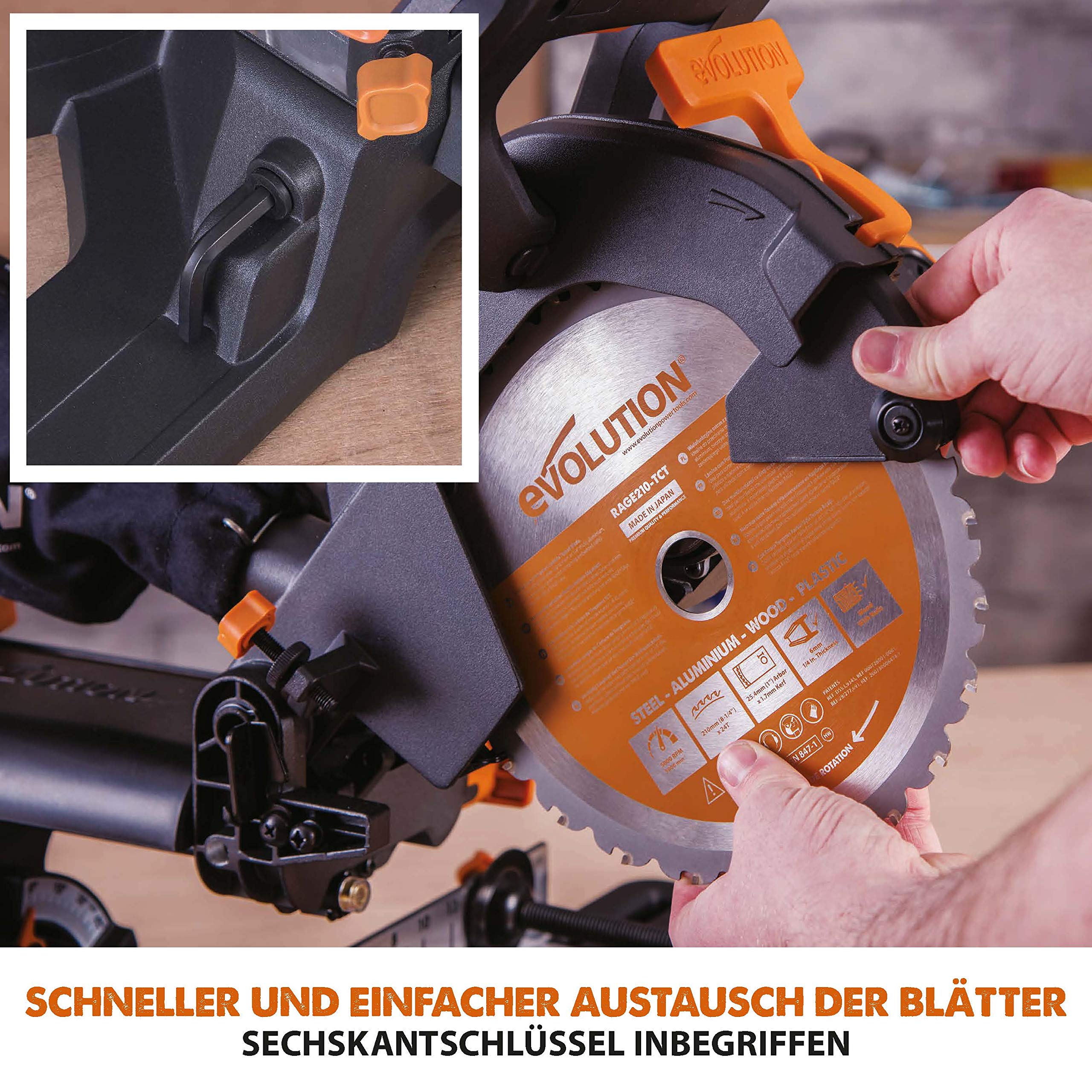 Evolution Schiebe-Kapp- und Gehrungssäge R210SMS-300+ | 1500 W, 300 mm Gleitfunktionalität, Schrägschnitt, Gehrungswinkeln | Ø 210 mm HM TCT Sägeblatt für Multimaterialschnitt | Zug-kapp-gehrungssäge