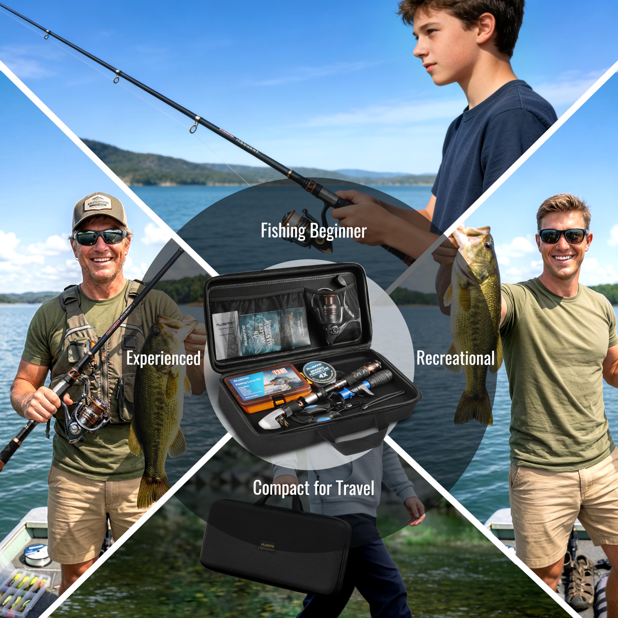 PLUSINNO Angelrute und Rolle Combo mit Teleskop-Angelrute, tragbares Reise-Angelruten-Set mit Tackle Box Tragetasche & Anleitungen, Angelausrüstungs-Werkzeug-Set für Süßwasser, Angelgeschenke für