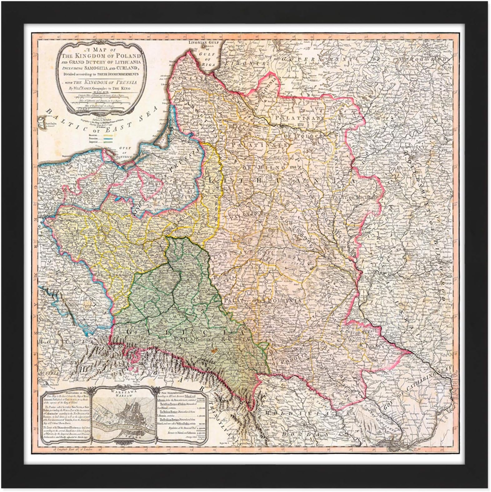 Map 1799 Faden Kingdom Poland Duchy Lithuania Square Wooden Framed Wall Art Print Picture 16X16 Inch