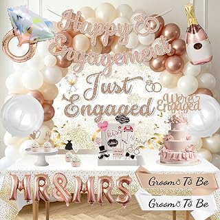 Champagne Gold Engagement Party Kit with Balloons & Tablecloth | Includes premium diamond ring balloons, waterproof table cloths, elegant party sashes, perfect for indoor outdoor use