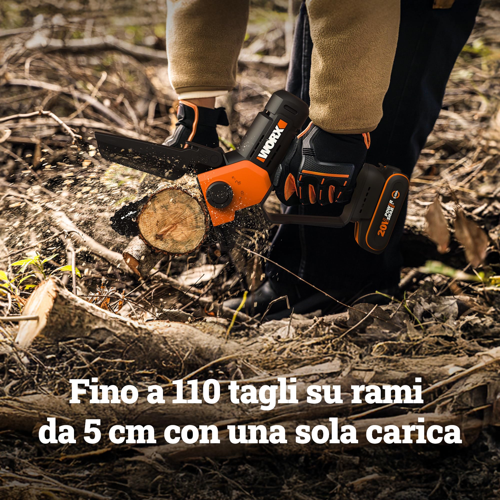 WORX WG326E.9 - Mini motosega a batteria 20 V, lunghezza di taglio 12 cm, cambio catena senza attrezzi, velocità della catena 7,6 m (senza batteria e caricatore)