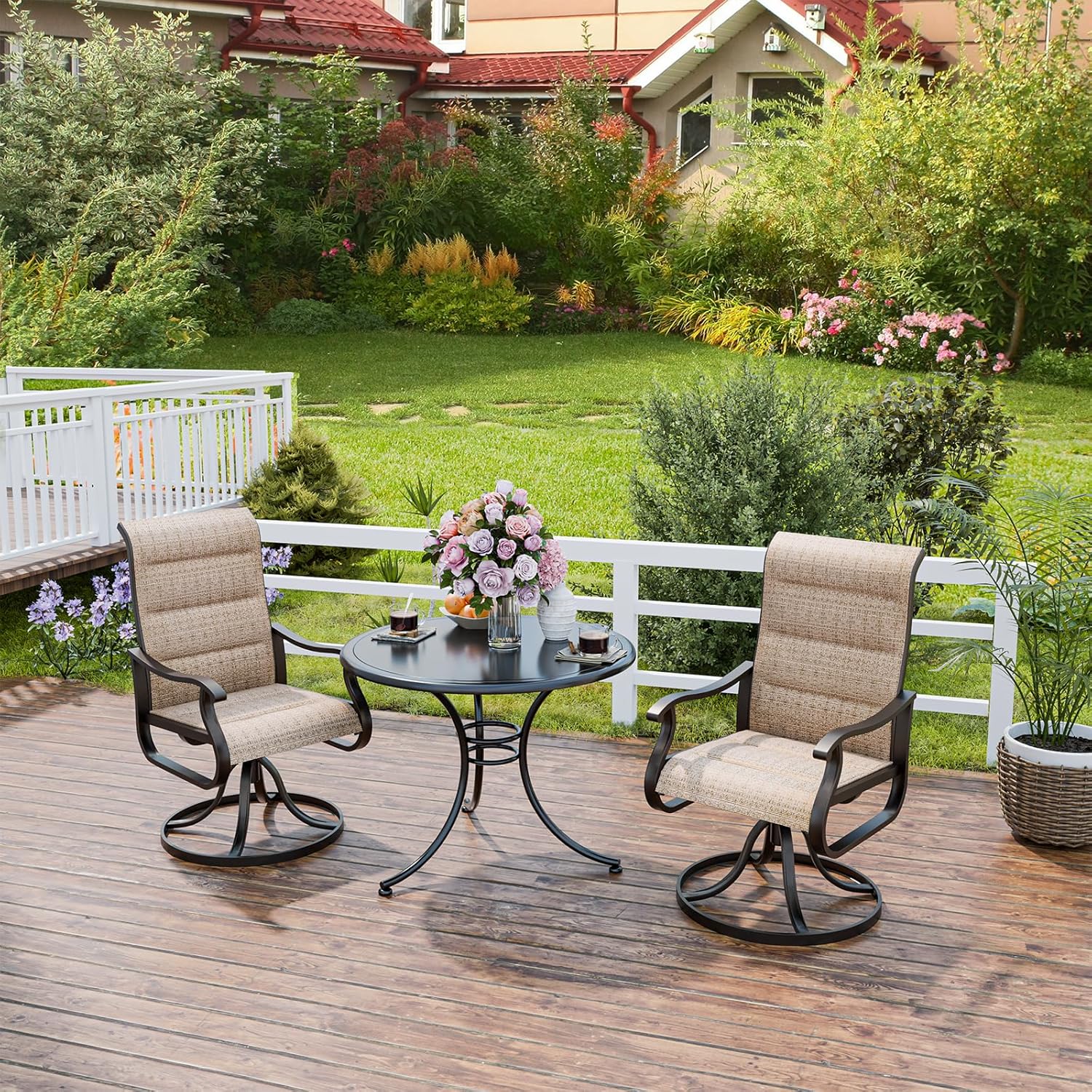 UDPATIO Patio Swivel Chairs Set of 2, Outdoor Dining Chairs High Back with Padded All Weather Breathable Textilene, Metal Rocking Frame for Backyard Lawn Garden, Brown