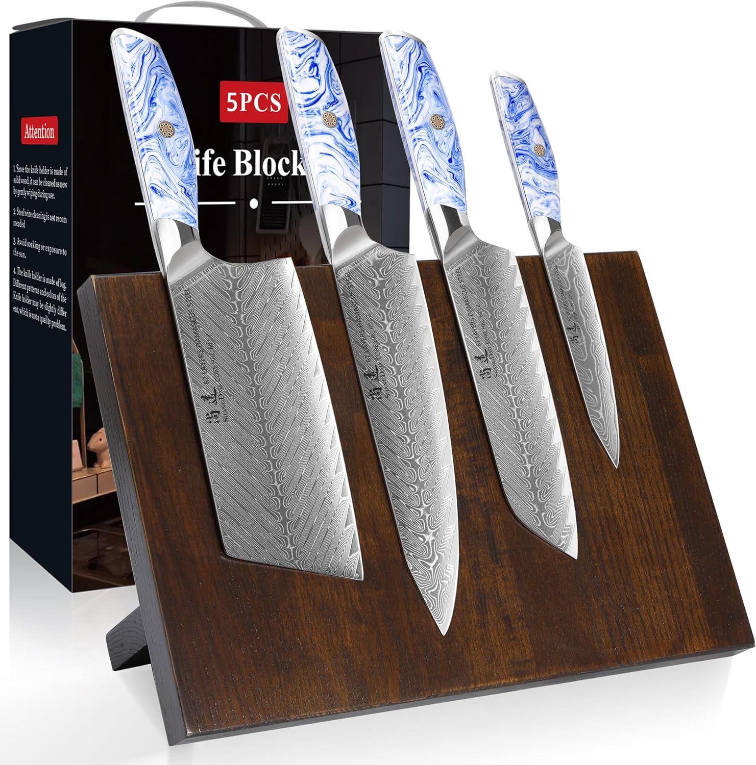 SHANGDAO Damascus Kitchen Knife Set with Magnetic Knife Block, 5 PCS Razor Sharp Kitchen Knives Made of Japanese Damascus Steelwith Block, Full Tang Ergonomic Resin Handle Chef Knife With Gift Box