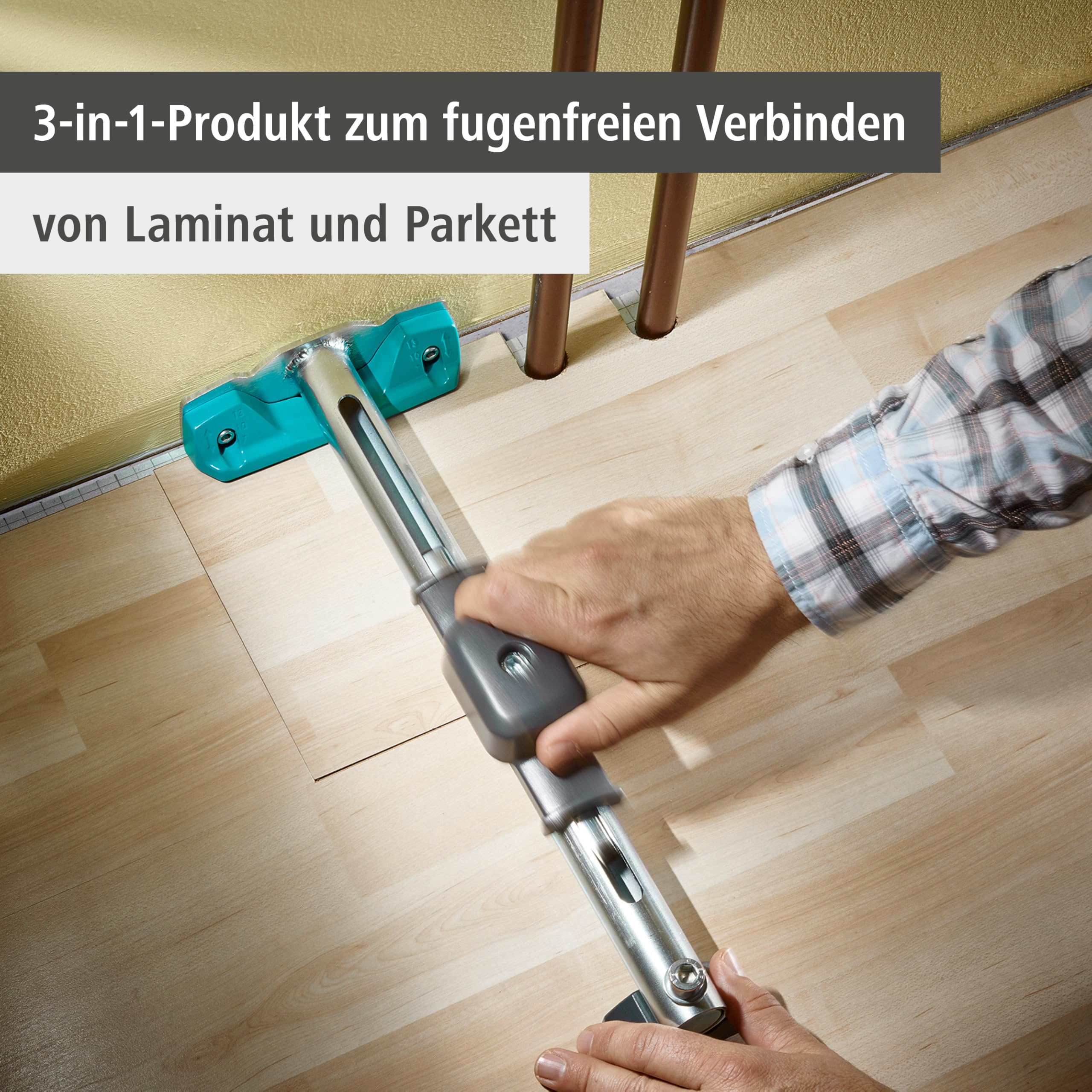 wolfcraft 3-in-1 Hammer-Zugeisen für Laminat & Parkett | Schlagholz, Hammer und Zugeisen vereint – einstellbar ab 7 mm Paneelstärke, zum Verbinden der Dielen - 6945000