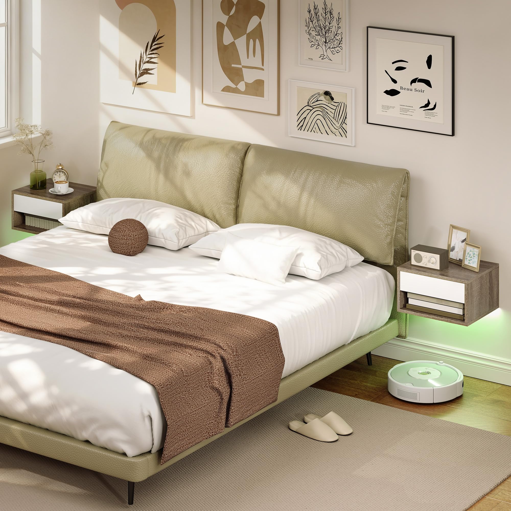 HOMCOM 2er-Set Hängende Nachttische, LED RGB Licht, Teak | App-Steuerung, wandmontierte Nachttische, offenes Fach, 1 Schublade, für Schlafzimmer, Wohnzimmer, 37x32x21cm.