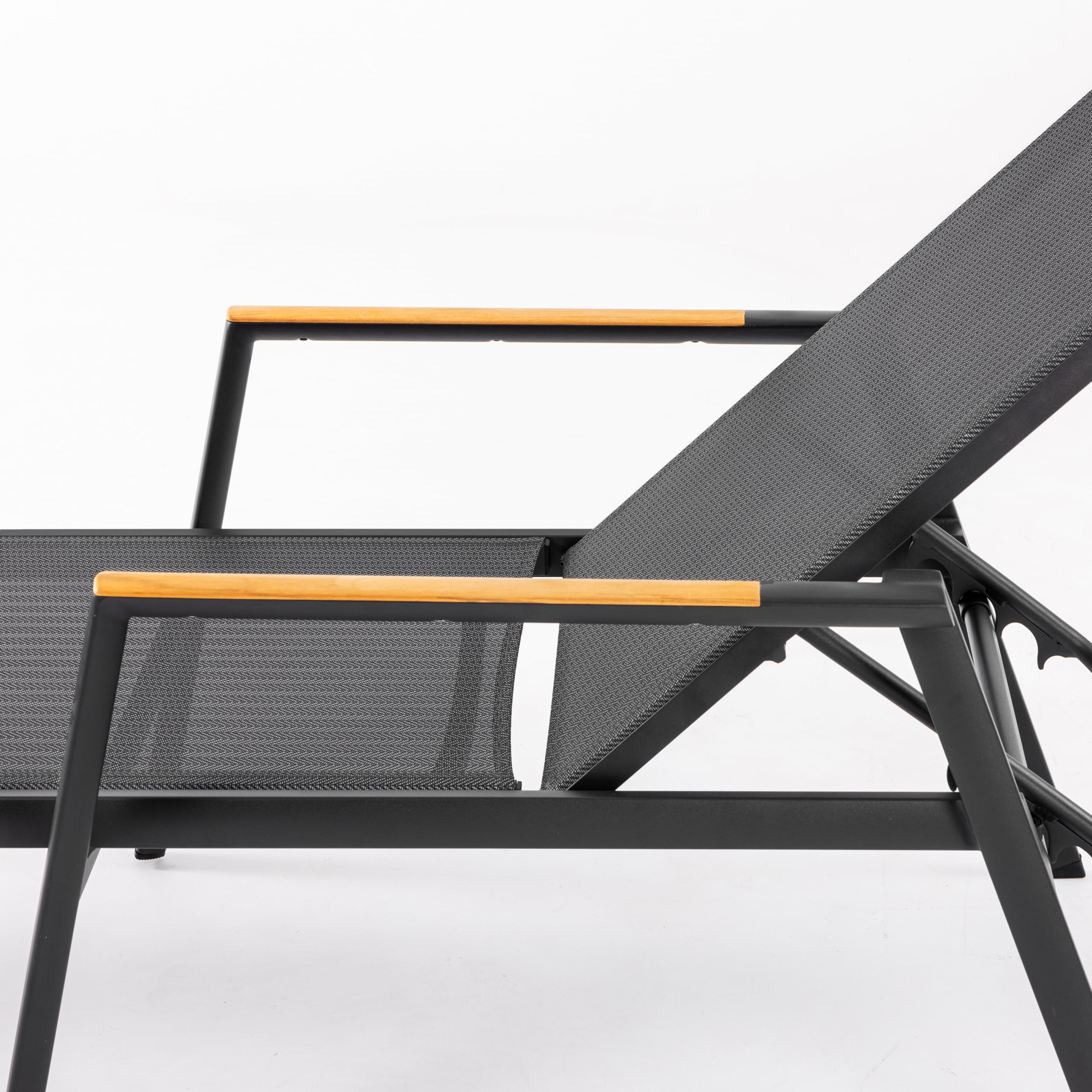 METRO Professional Tumbona Poza, Aluminio y Textileno, Reposabrazos de Teca, 5 Posiciones, 150 kg, Cómoda y Duradera
