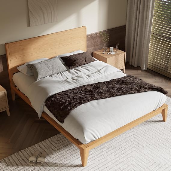 Merax Queen Size Bamboo Platform Bed Frame with Tall Headboard, Natural