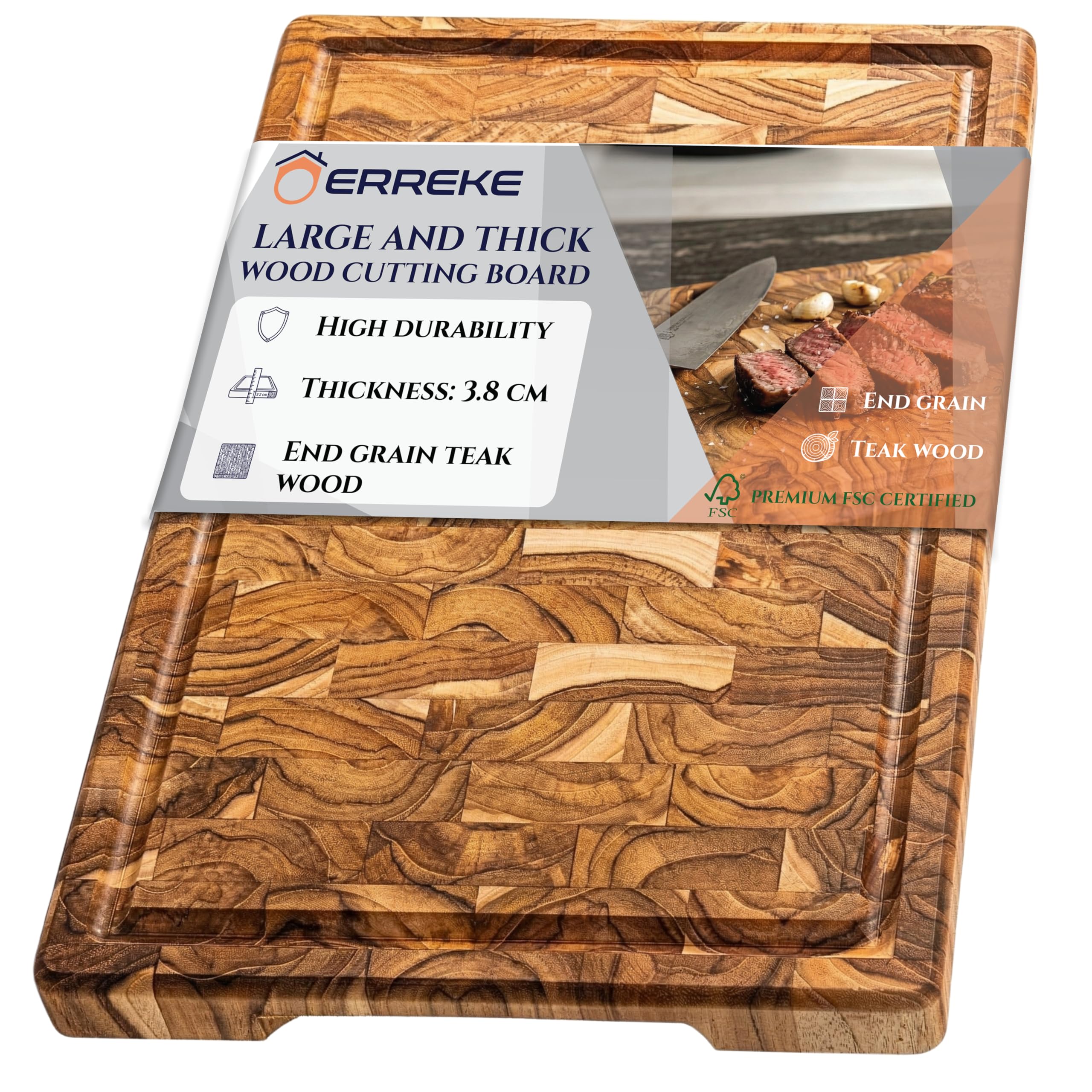 Erreke Schneidebrett aus Natürlichem Teakholz End Grain, 44x30x3,8 cm, Groß | Schneidebrett Holz. XL mit Saftrille. Wendbar und mit Griffen. Holz-Schneidebrett Küche. Für Käse Wurst Fleisch Brot