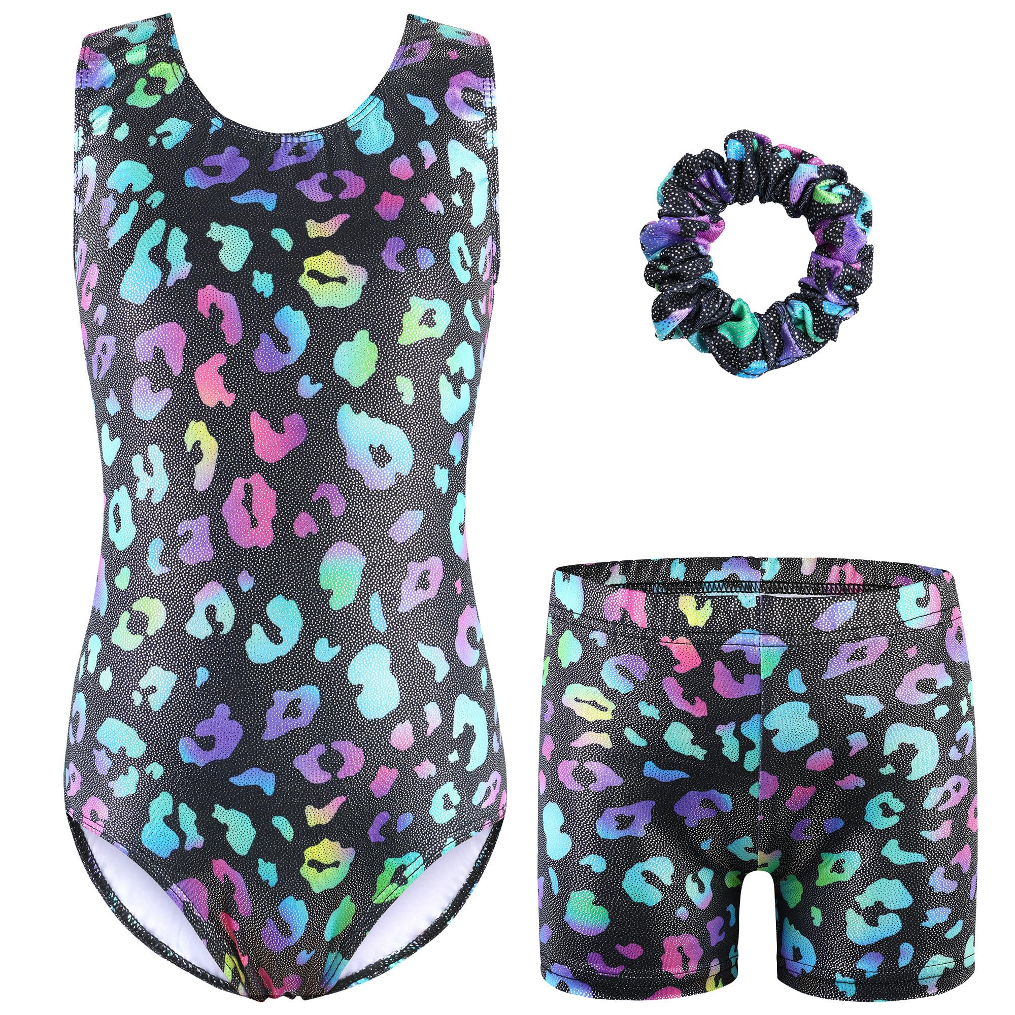 XFGIRLS Justaucorps de ballet sans manches pour filles – Vêtement de danse scintillant trois pièces – Justaucorps de gymnastique avec short et bandeau pour filles de 3 à 14 ans